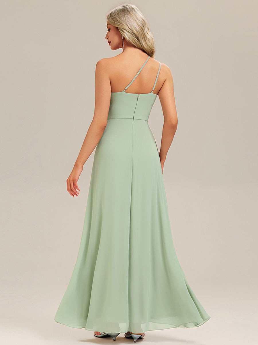 Robe de demoiselle d'honneur à épaule unique avec taille froncée et longueur au sol au décolleté asymétrique #Couleur_Menthe Verte