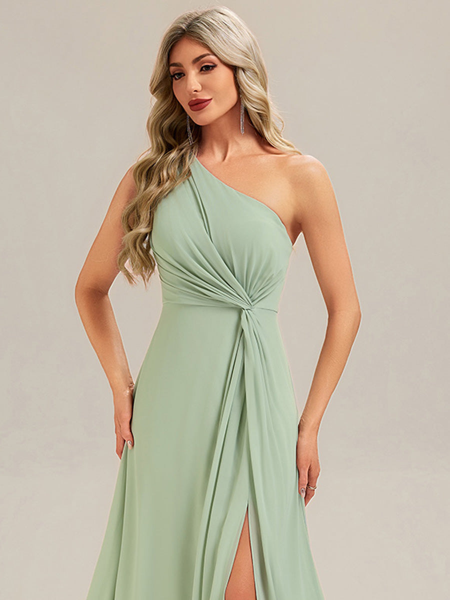 Robe de demoiselle d'honneur à épaule unique avec taille froncée et longueur au sol au décolleté asymétrique #Couleur_Menthe Verte