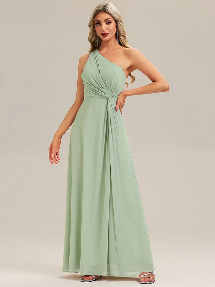 Robe de demoiselle d'honneur à épaule unique avec taille froncée et longueur au sol au décolleté asymétrique #Couleur_Menthe Verte
