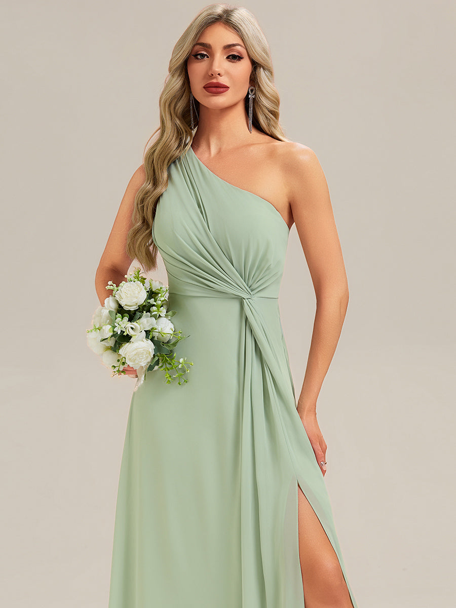 Robe de demoiselle d'honneur à épaule unique avec taille froncée et longueur au sol au décolleté asymétrique #Couleur_Menthe Verte