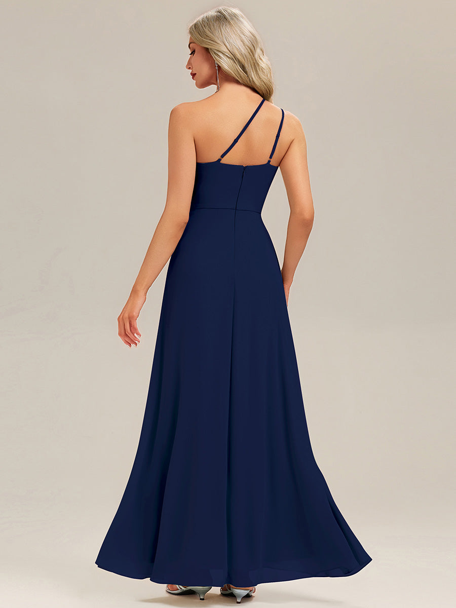 Robe de demoiselle d'honneur à épaule unique avec taille froncée et longueur au sol au décolleté asymétrique #Couleur_Bleu Marine