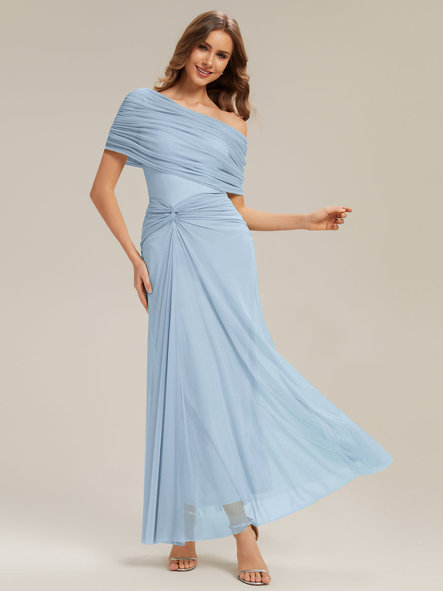 Robe maxi moulante à épaules dénudées et manches courtes avec nœud #Couleur_Bleu Glace
