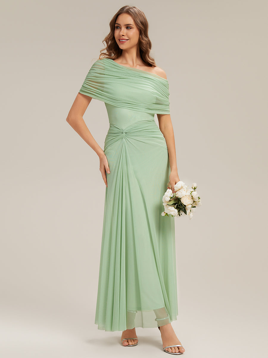 Robe maxi moulante à épaules dénudées et manches courtes avec nœud #Couleur_Menthe Verte