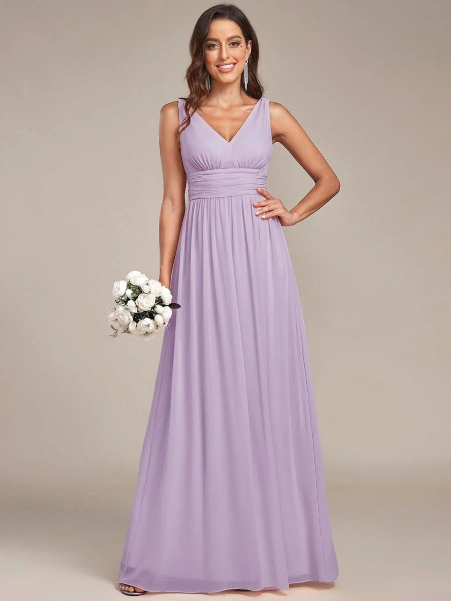 Robe de demoiselle d'honneur en mousseline à col en V #Couleur_Lilas Givré