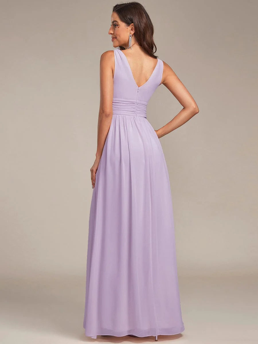 Robe de demoiselle d'honneur en mousseline à col en V #Couleur_Lilas Givré