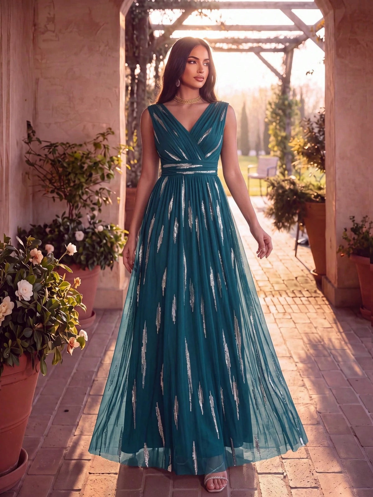 Robe A-Line sans manches en V maxi en sequins avec tissu extensible #Couleur_Bleu Sarcelle