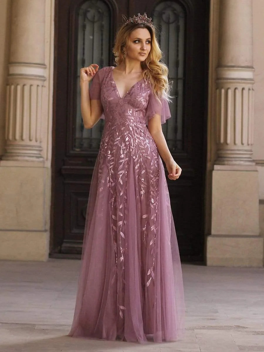 Robe d'Invité de Superbe Mariage Longue à Col en V et Manches à Volants #Couleur_Orchidee