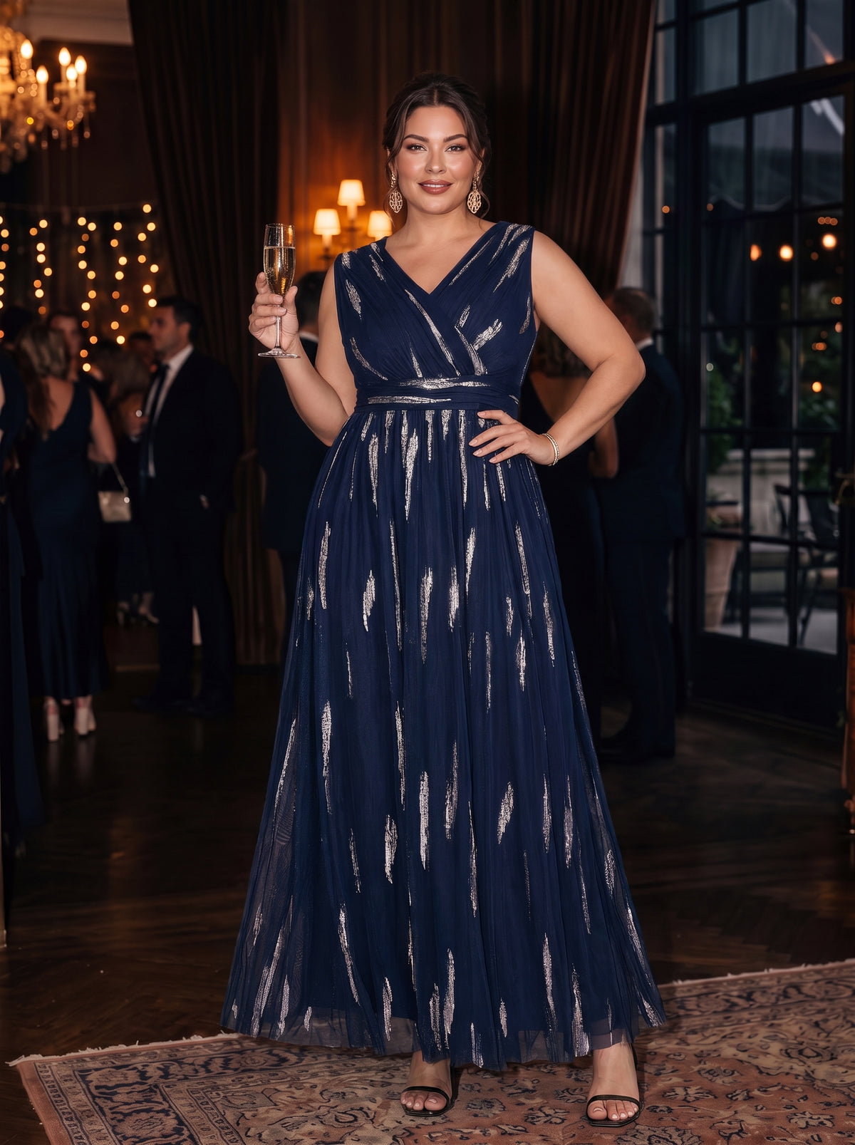 Robe A-Line sans manches en V maxi en sequins avec tissu extensible #Couleur_Bleu Marine