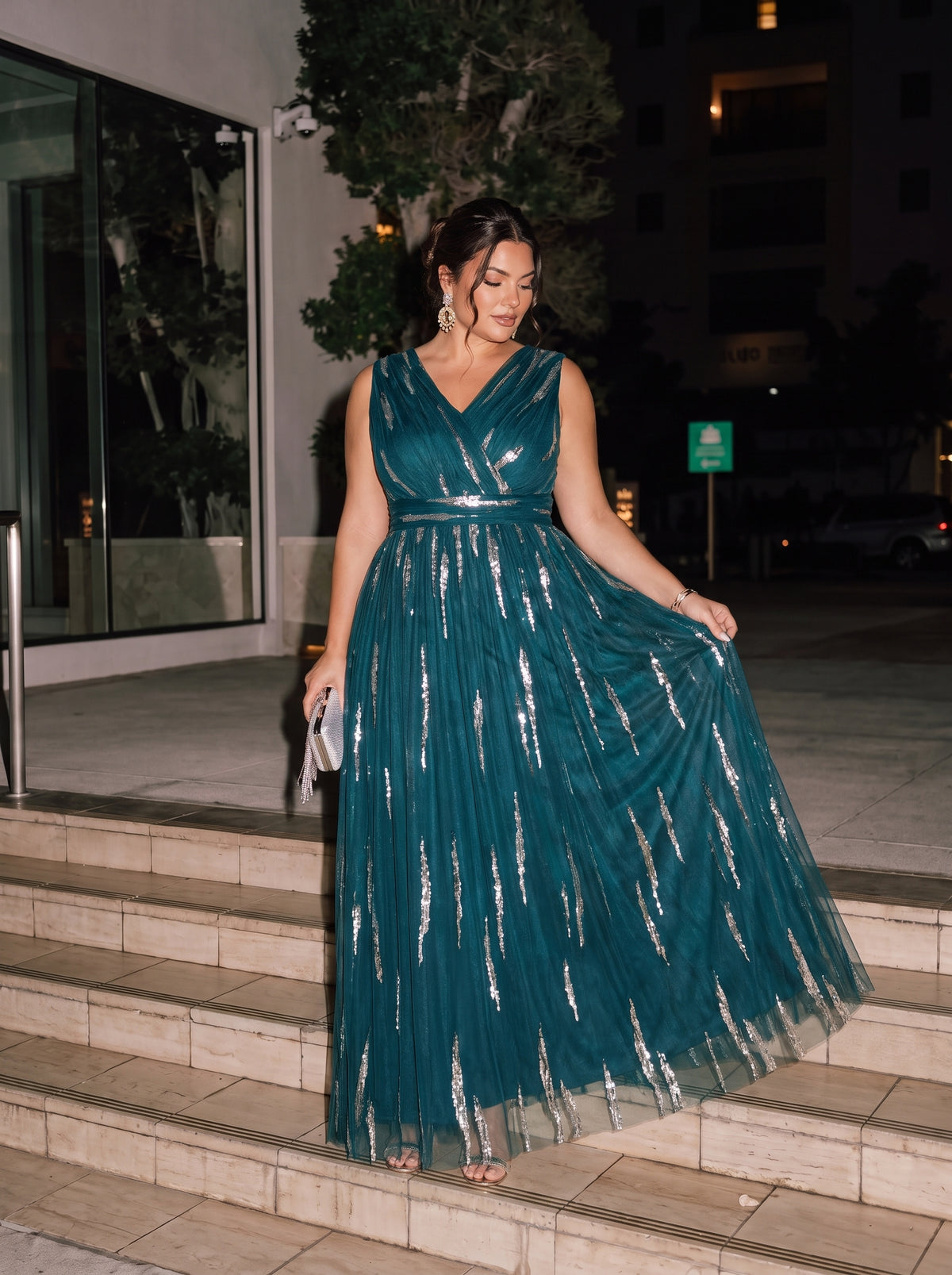 Robe A-Line sans manches en V maxi en sequins avec tissu extensible #Couleur_Bleu Sarcelle