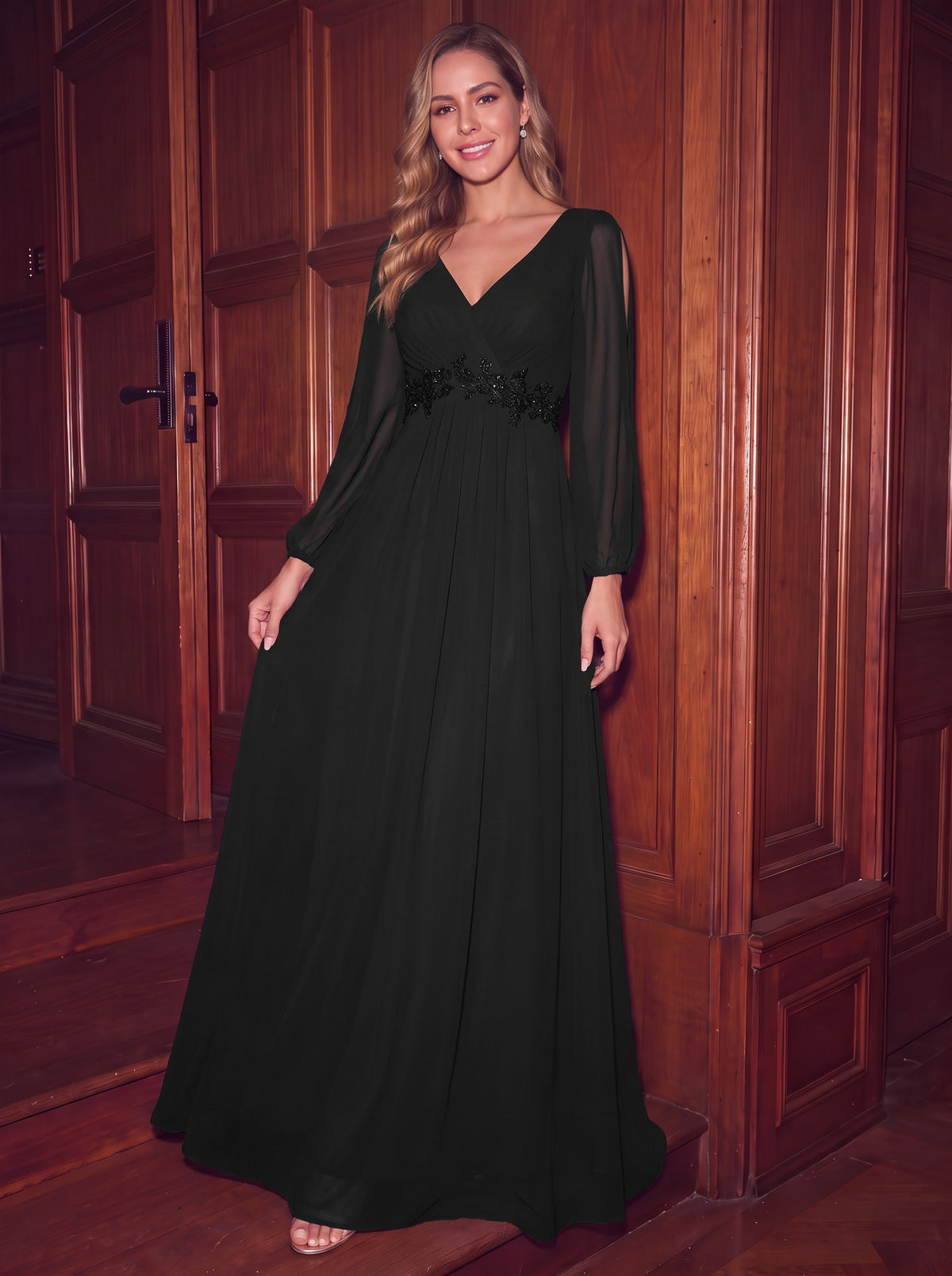 Robe de Soiree Longue Elegante Avec Lanterne en V Profond a Manches Fendues et Appliques #Couleur_Noir
