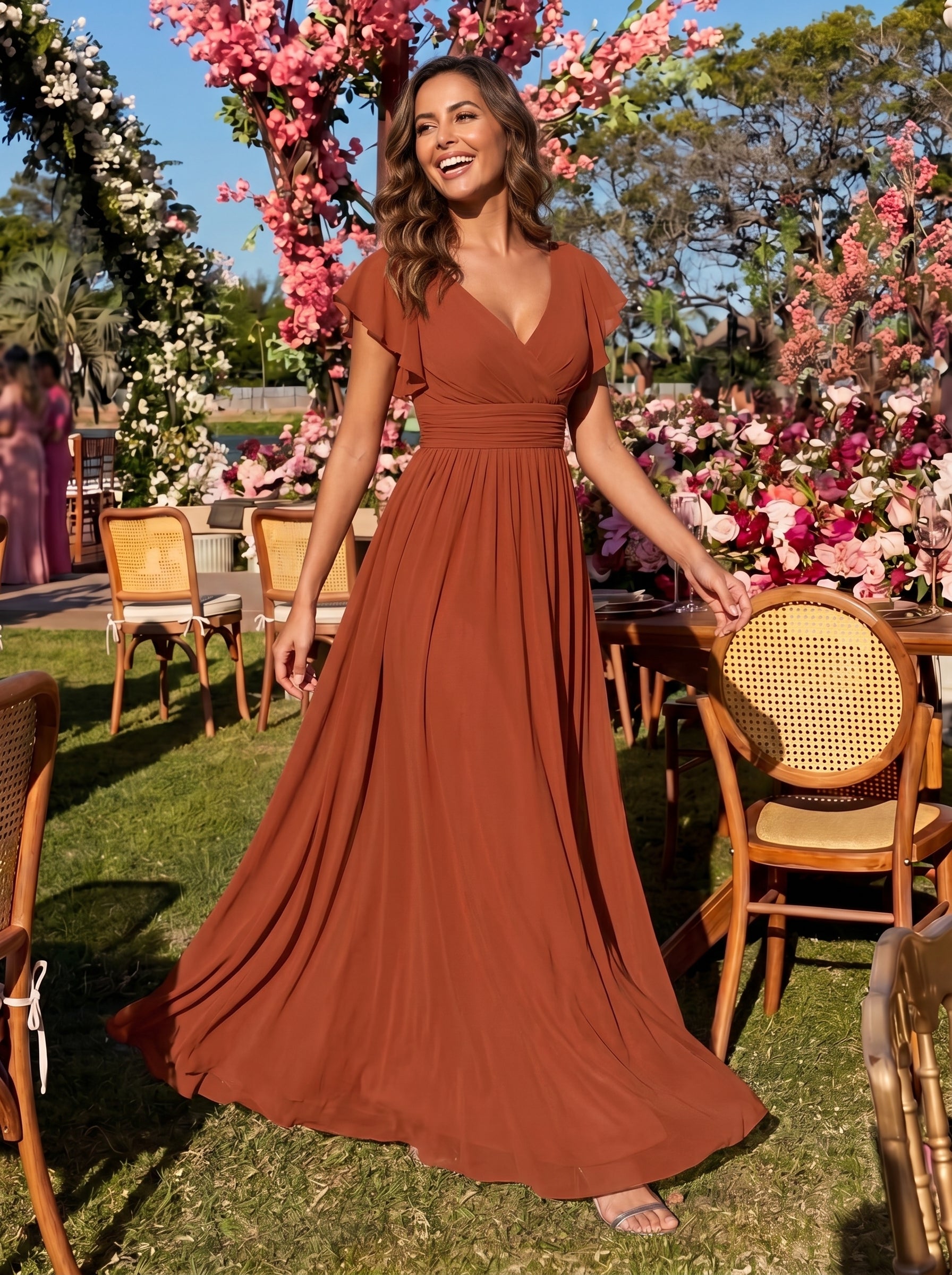 Robe D'invité De Mariage En Mousseline De Soie Mi-Longue Plissée à Manches à Volants Et Col En V  #Couleur_Burnt Orange