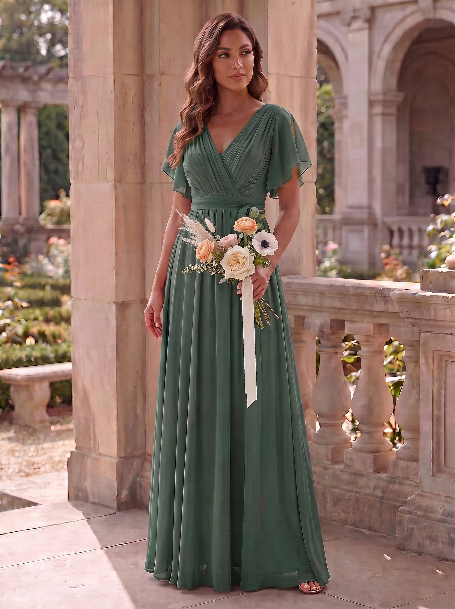 Robe de demoiselle d'honneur en mousseline de soie à encolure en V et à manches #Couleur_Eucalyptus