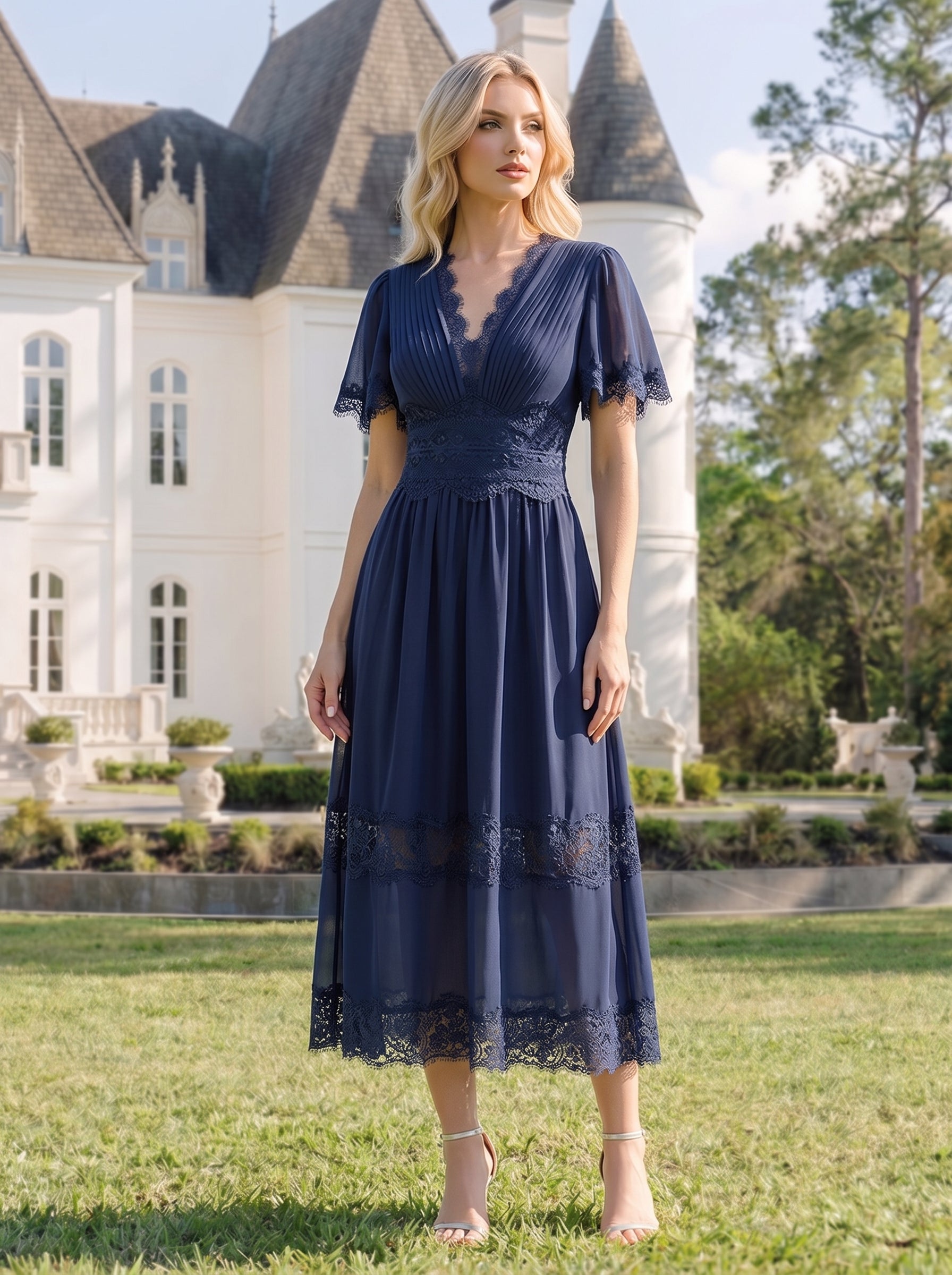 Robe midi A ligne à manches courtes plissée décolletée en V avec manches volantées et détail découpé #Couleur_Bleu Marine