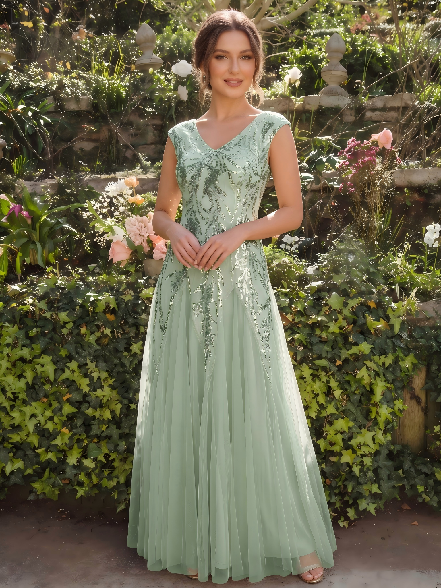 robe longue sans manches décolletée en V brodée de fleurs en A #Couleur_Menthe Verte