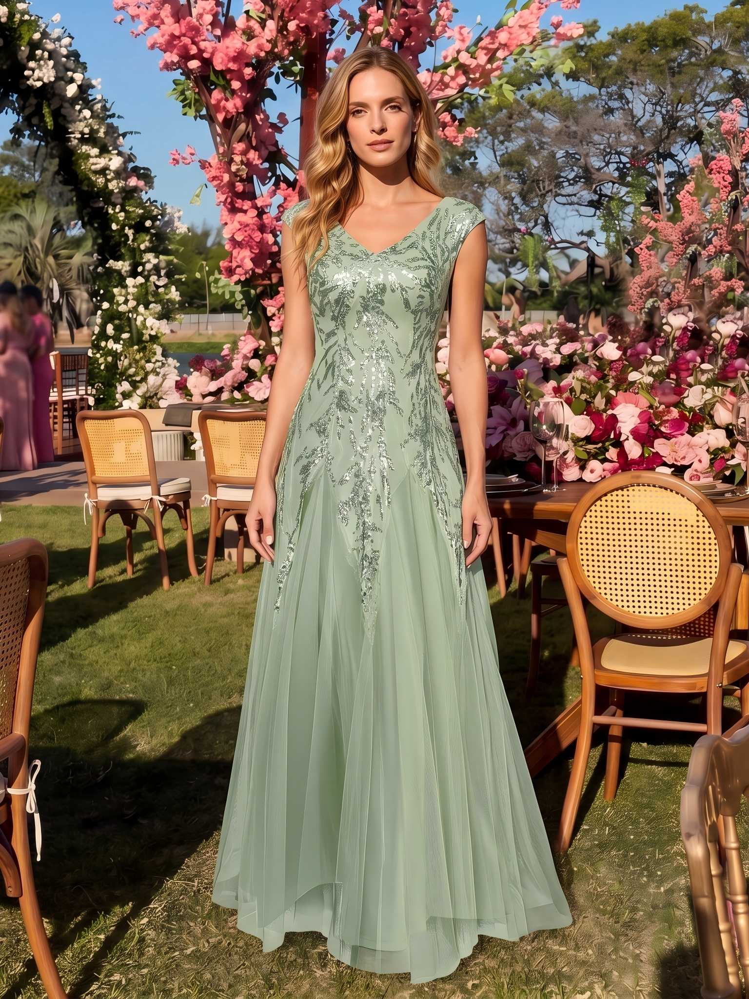 robe longue sans manches décolletée en V brodée de fleurs en A #Couleur_Menthe Verte