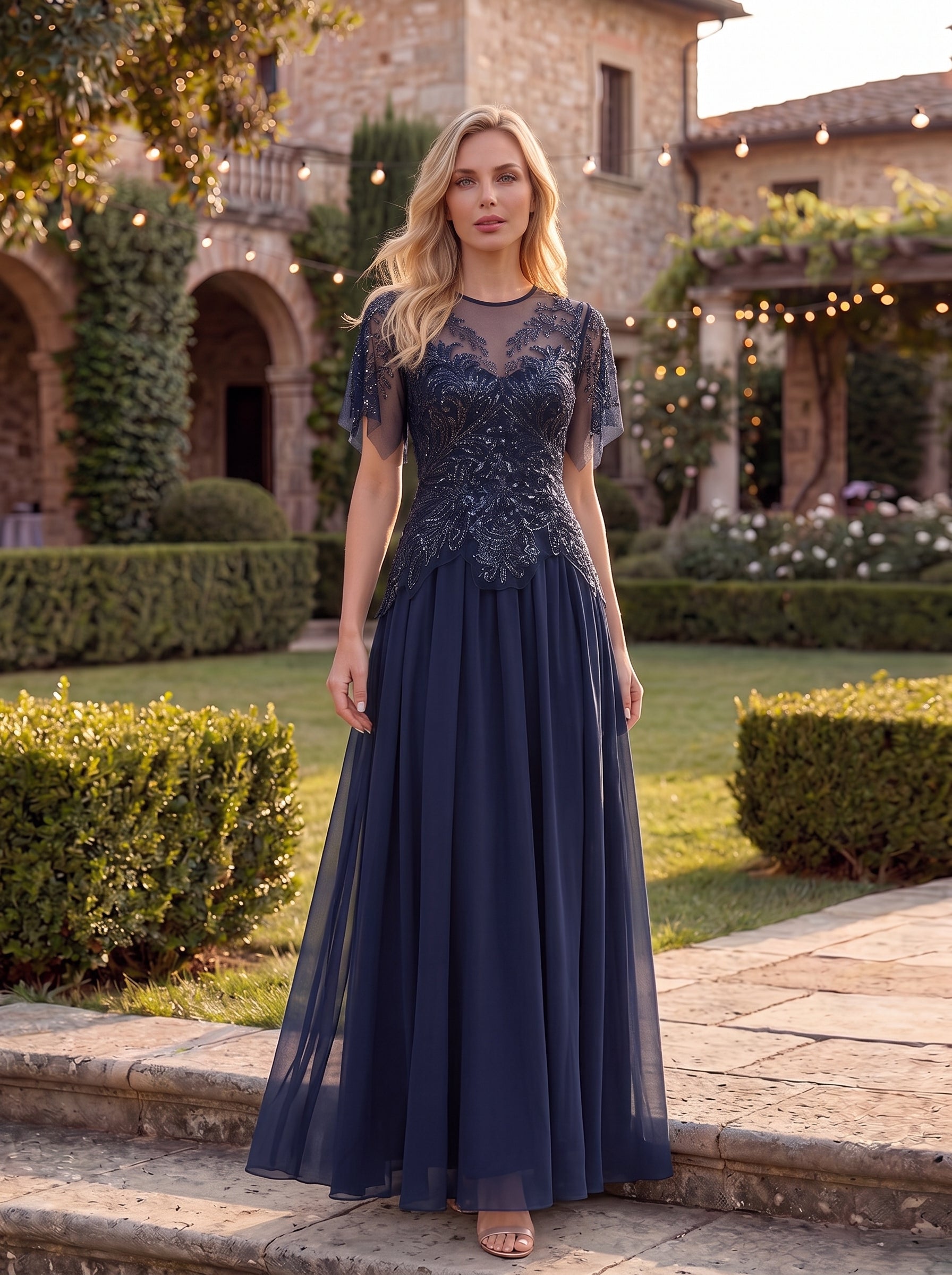 robe longue évasée à manches courtes avec volants sequins et broderies #Couleur_Bleu Marine
