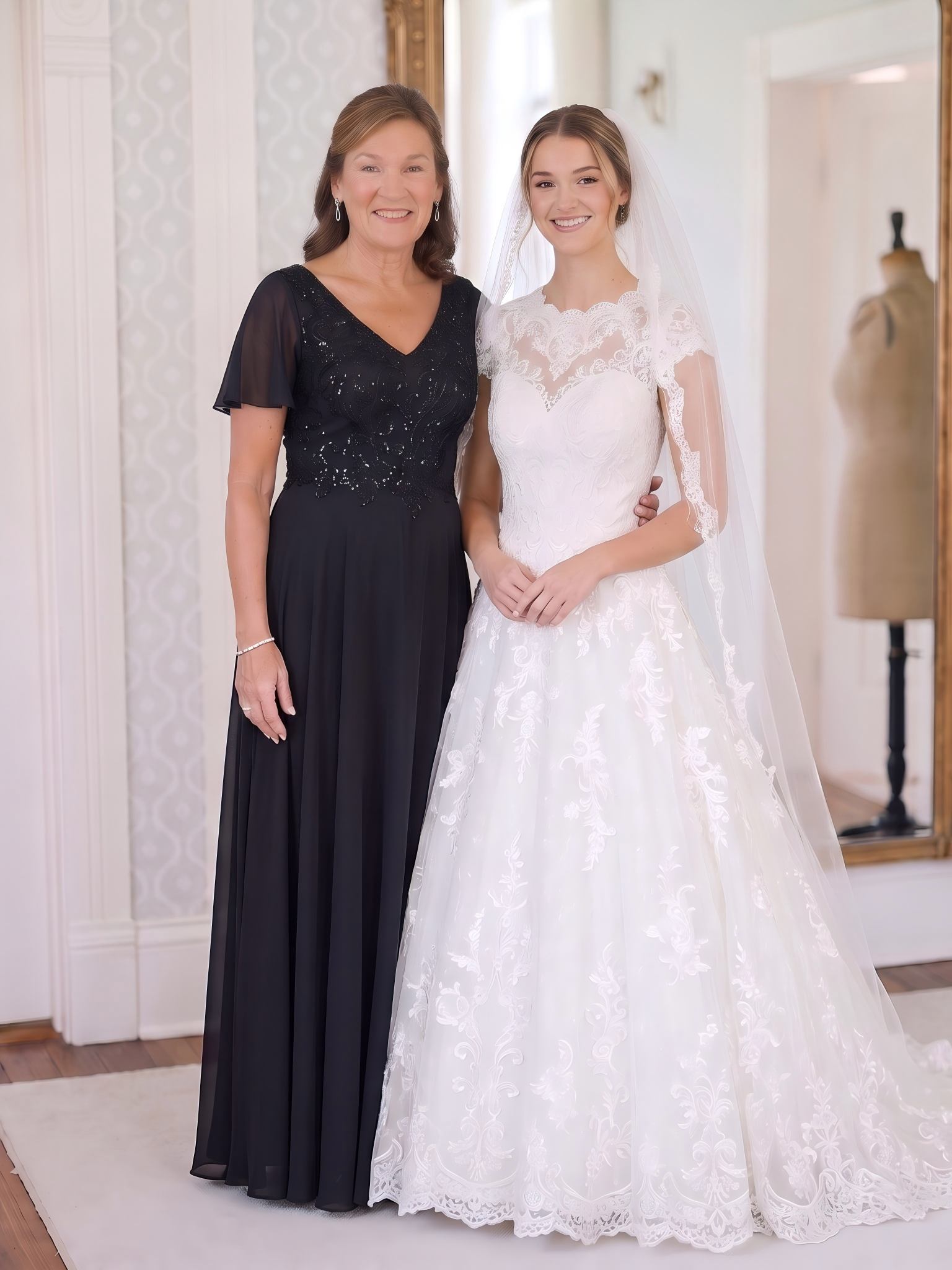 Robe longue extensibilité faible manches à volants décolleté en V profond applique coupe évasée #Couleur_Noir
