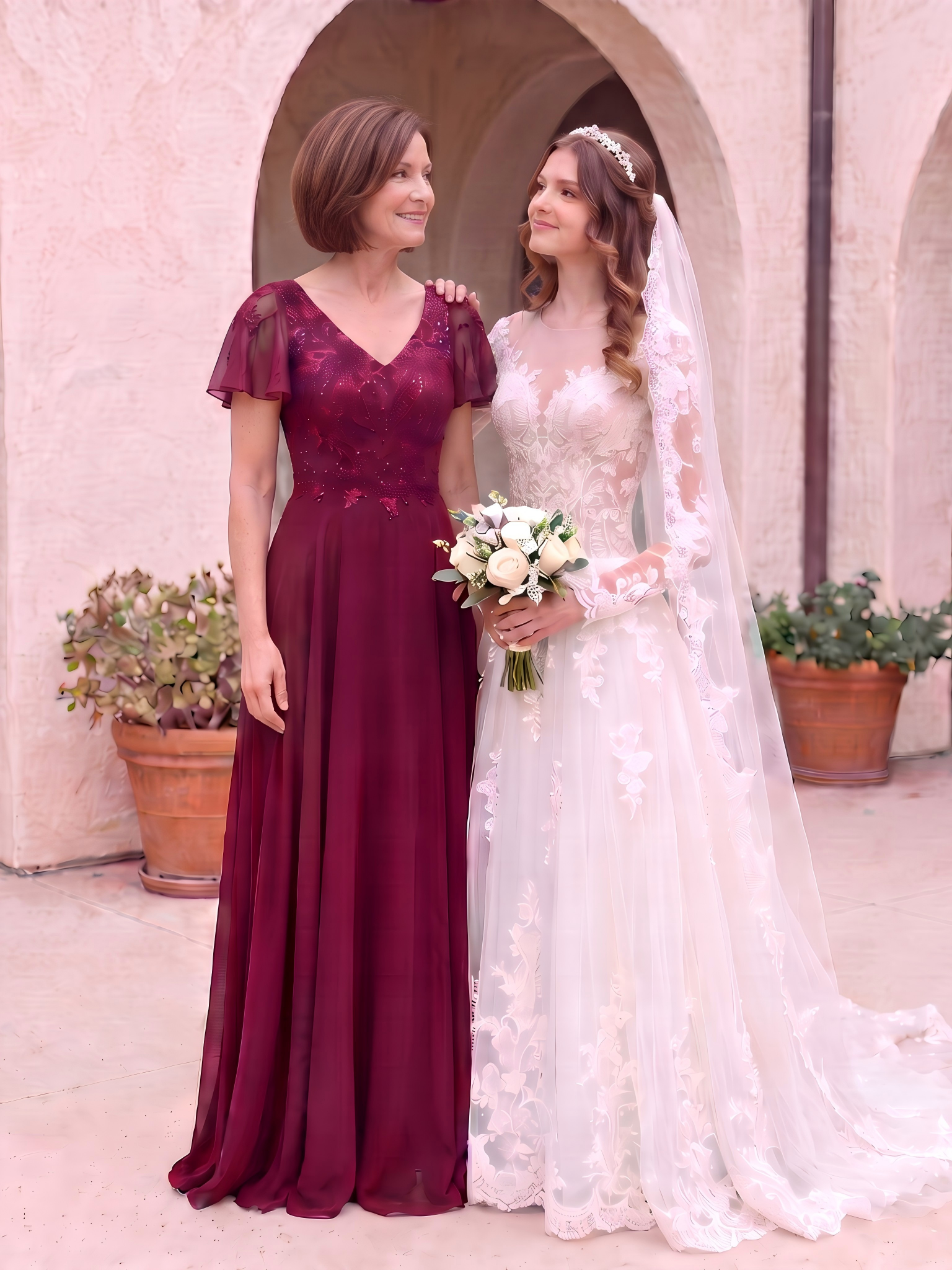 Robe longue extensibilité faible manches à volants décolleté en V profond applique coupe évasée #Couleur_Bordeaux