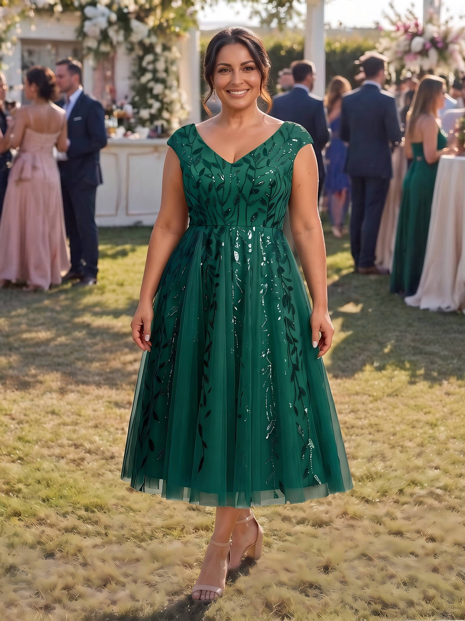 Robe midi sans manches col en V à sequins et coupe évasée #Couleur_Vert Fonce