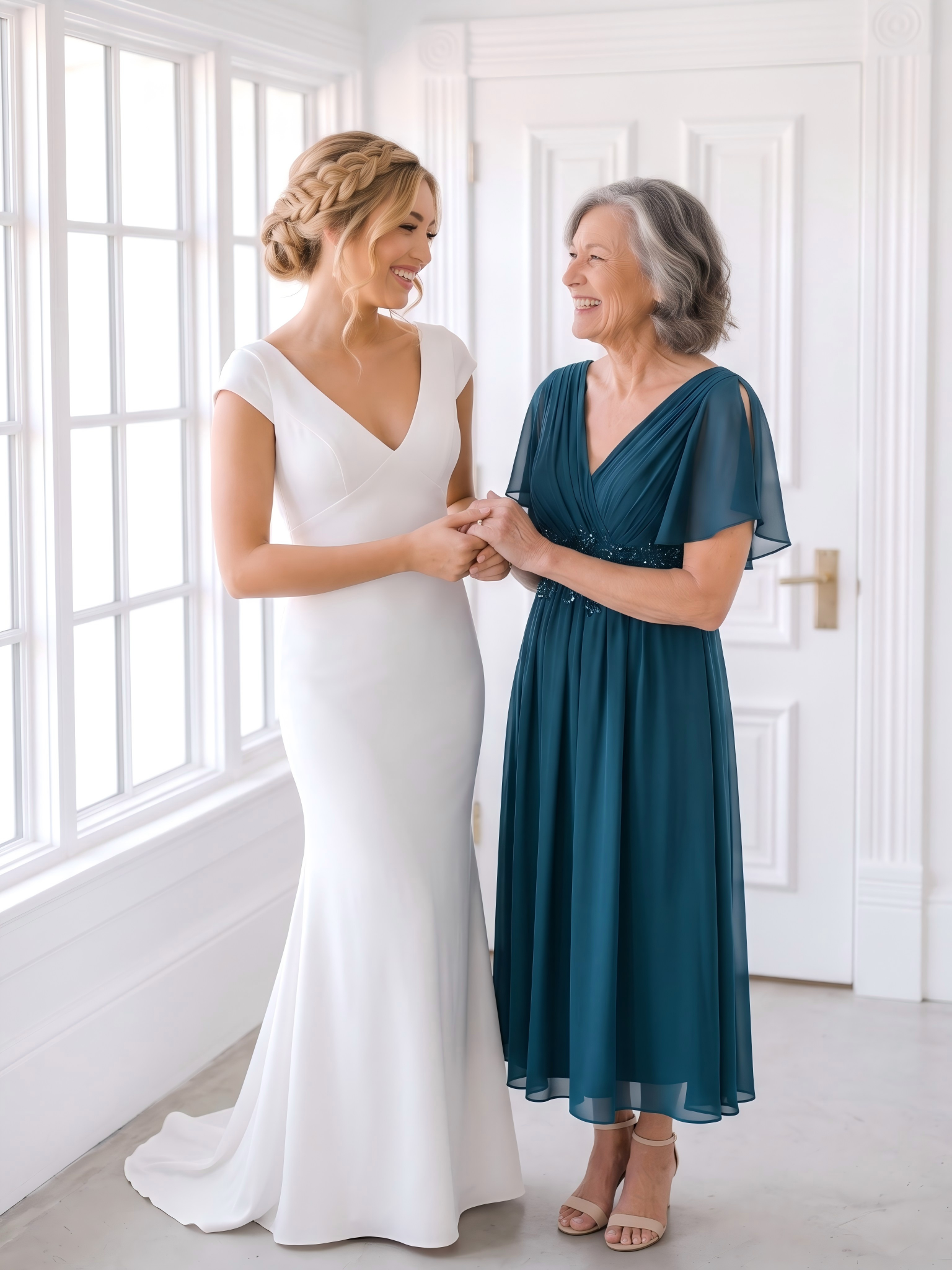 Robe d'invité de mariage mi-longue en mousseline de soie à col en V de grande taille avec applique à la taille #Couleur_Bleu Sarcelle