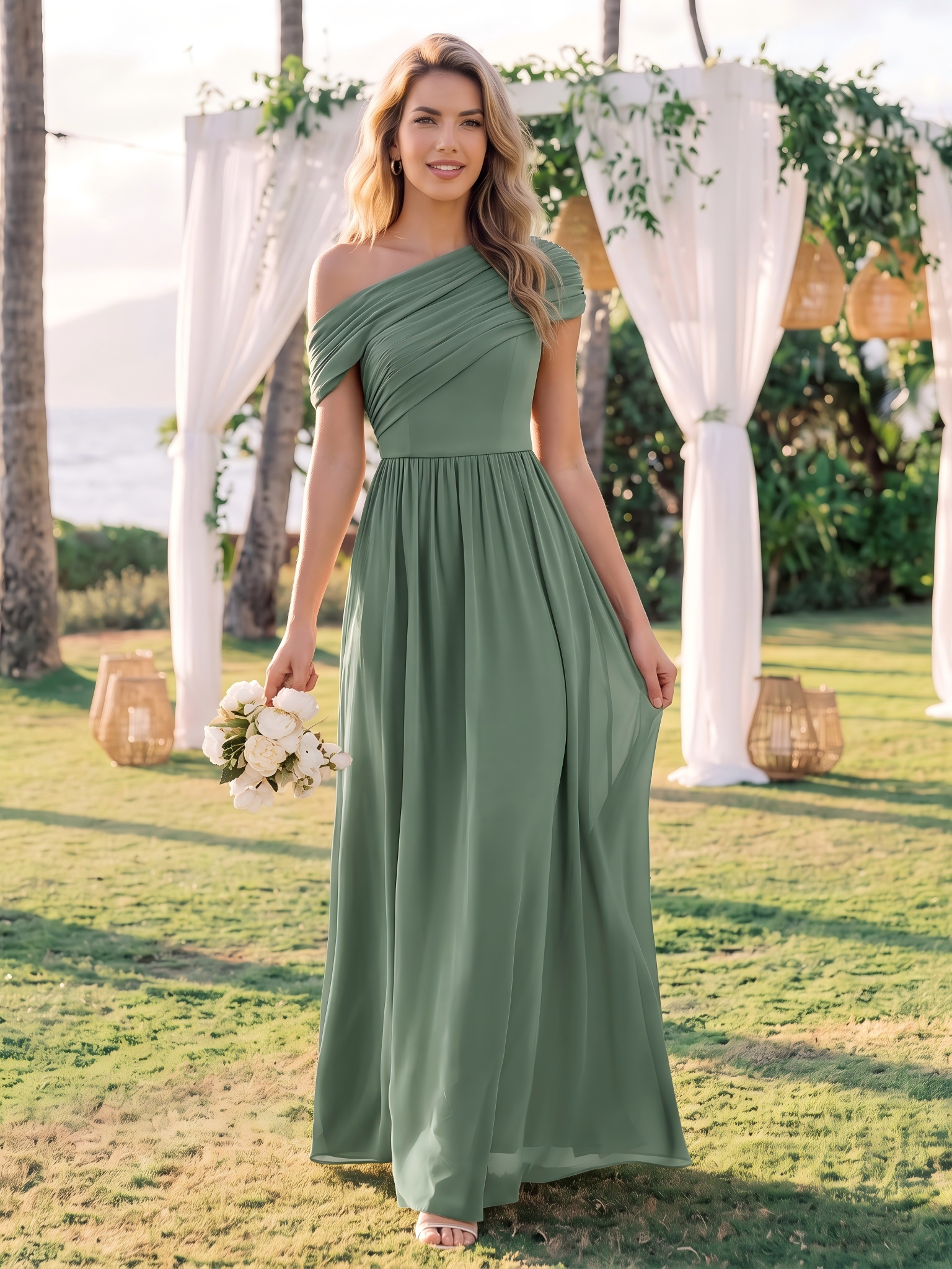Robe longue asymétrique sans bretelles en A avec détail froncé #Couleur_Eukalyptus Grün