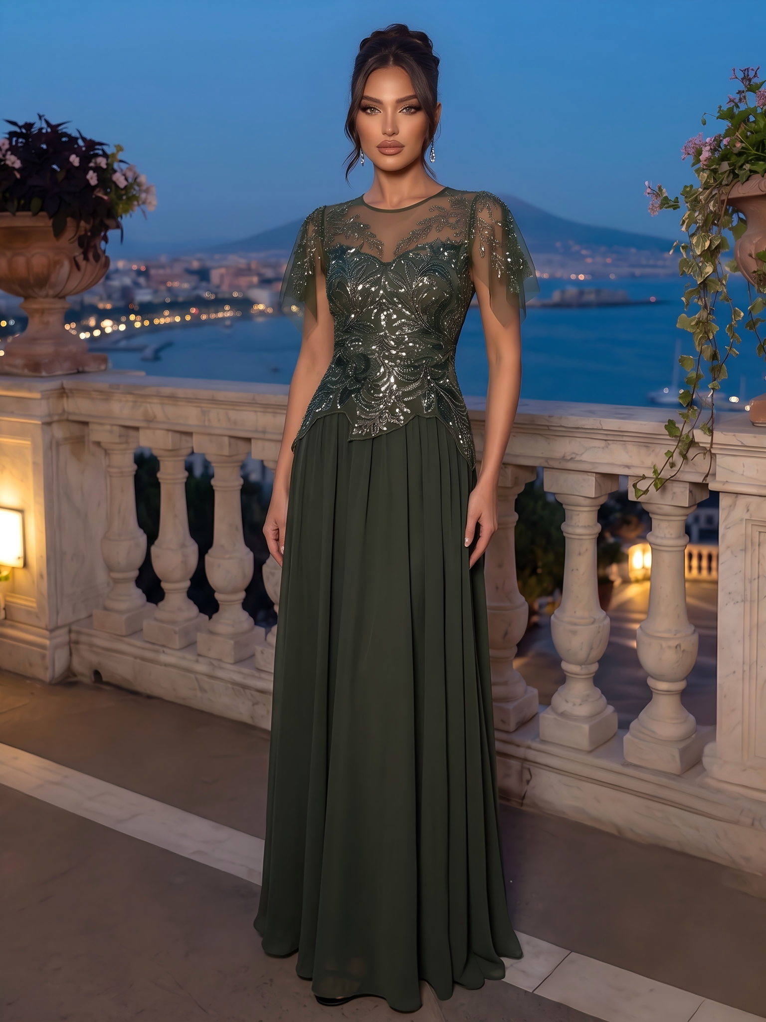 robe longue évasée à manches courtes avec volants sequins et broderies #Couleur_Vert Olive
