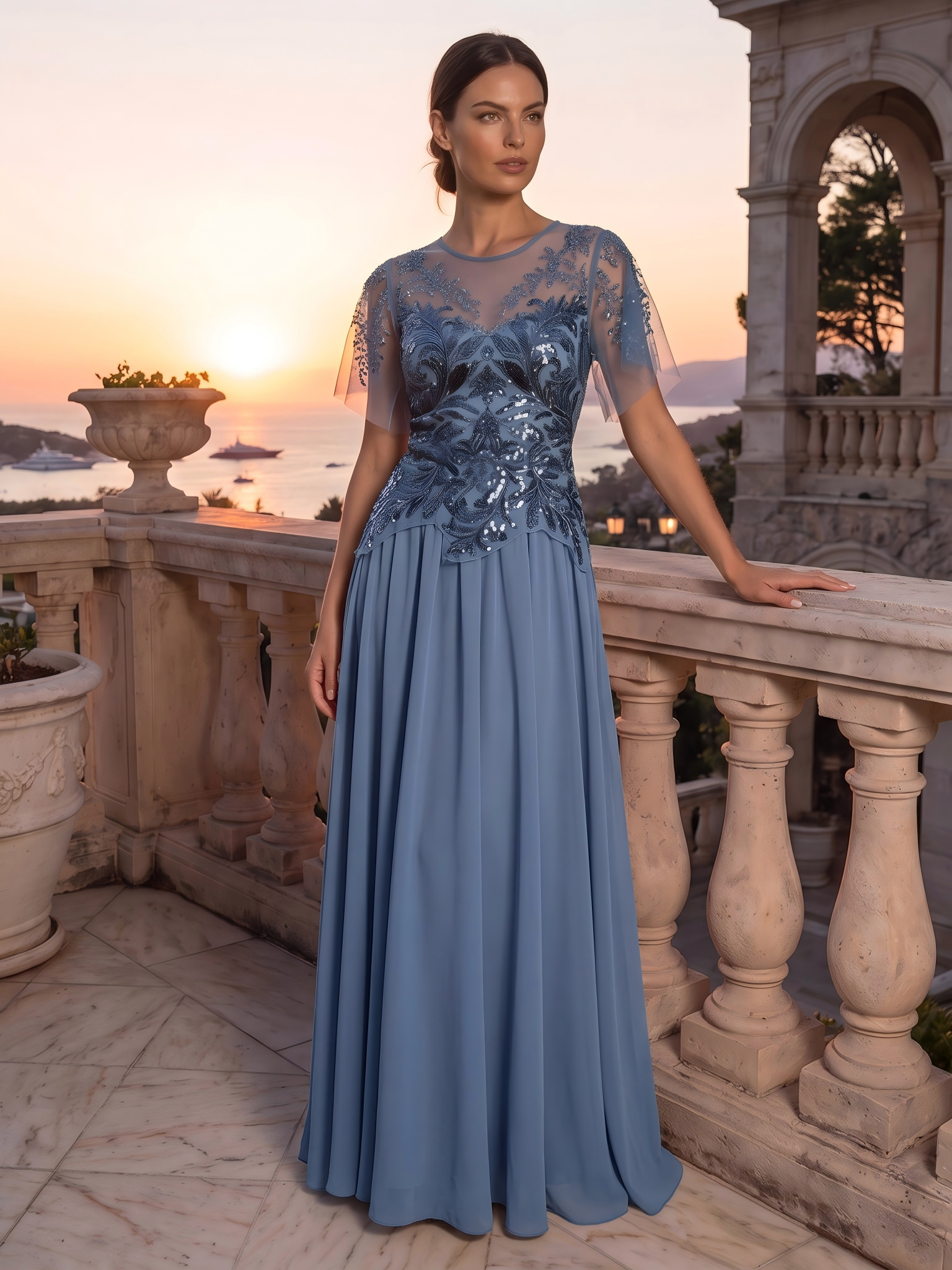 robe longue évasée à manches courtes avec volants sequins et broderies #Couleur_Marine Fume