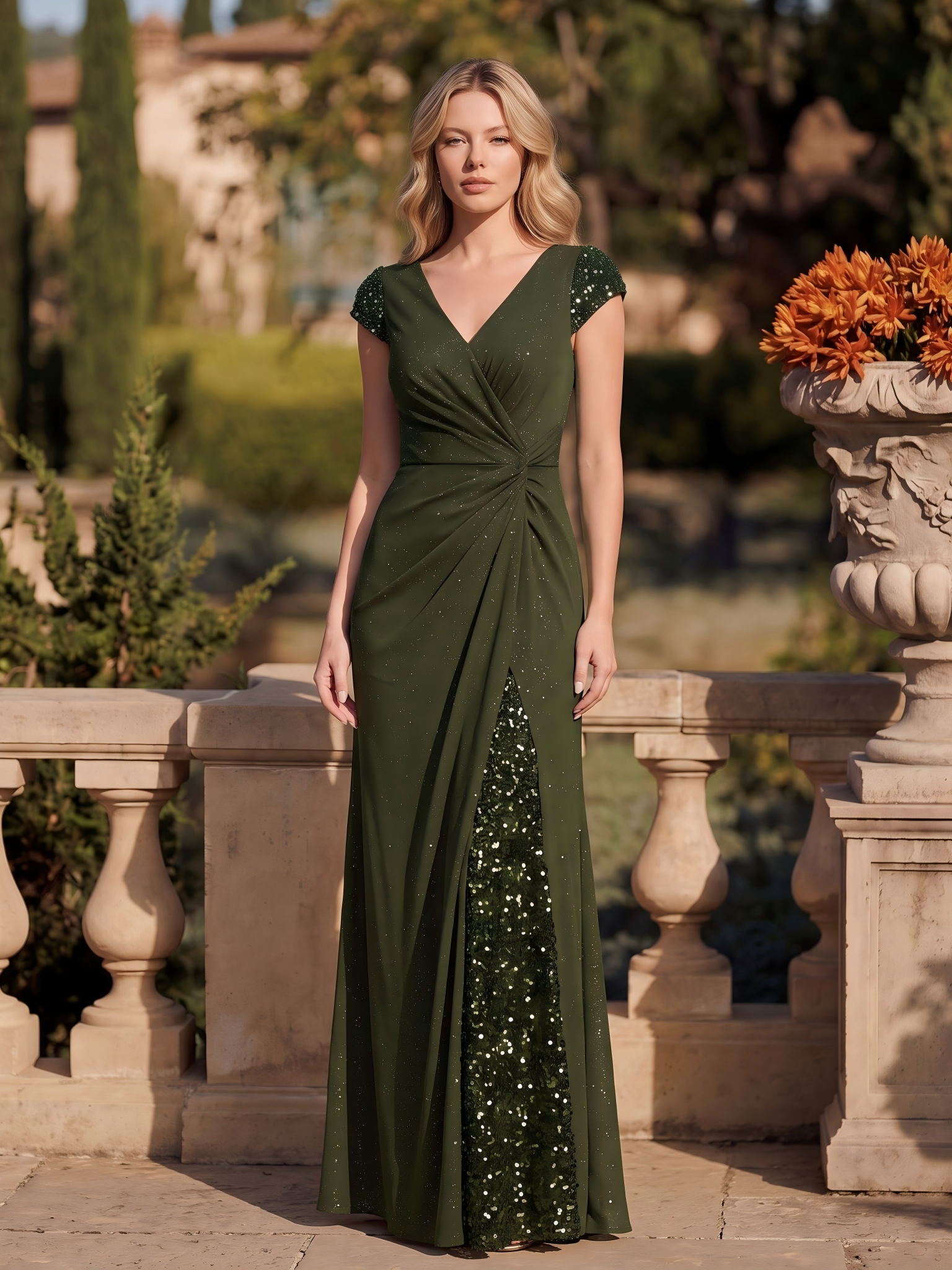 Robe moulante à manches courtes en stretch élevé avec décolleté en V noué et détails en sequins #Couleur_Vert Olive