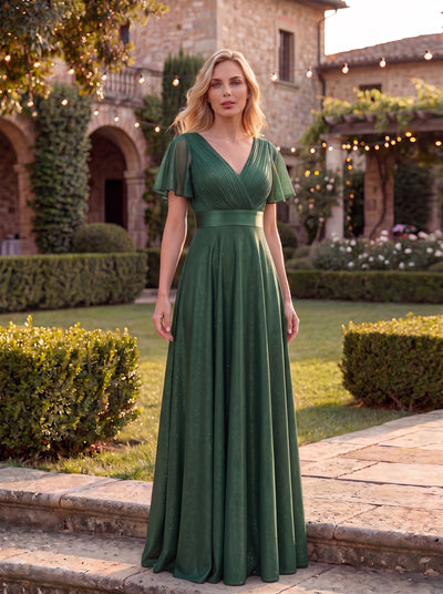 ever LIORÉ|Robe de soirée longue scintillante à col en V et à manches flottantes