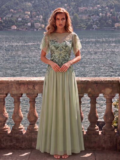 ever LUSTRE|robe longue évasée à manches courtes avec volants sequins et broderies