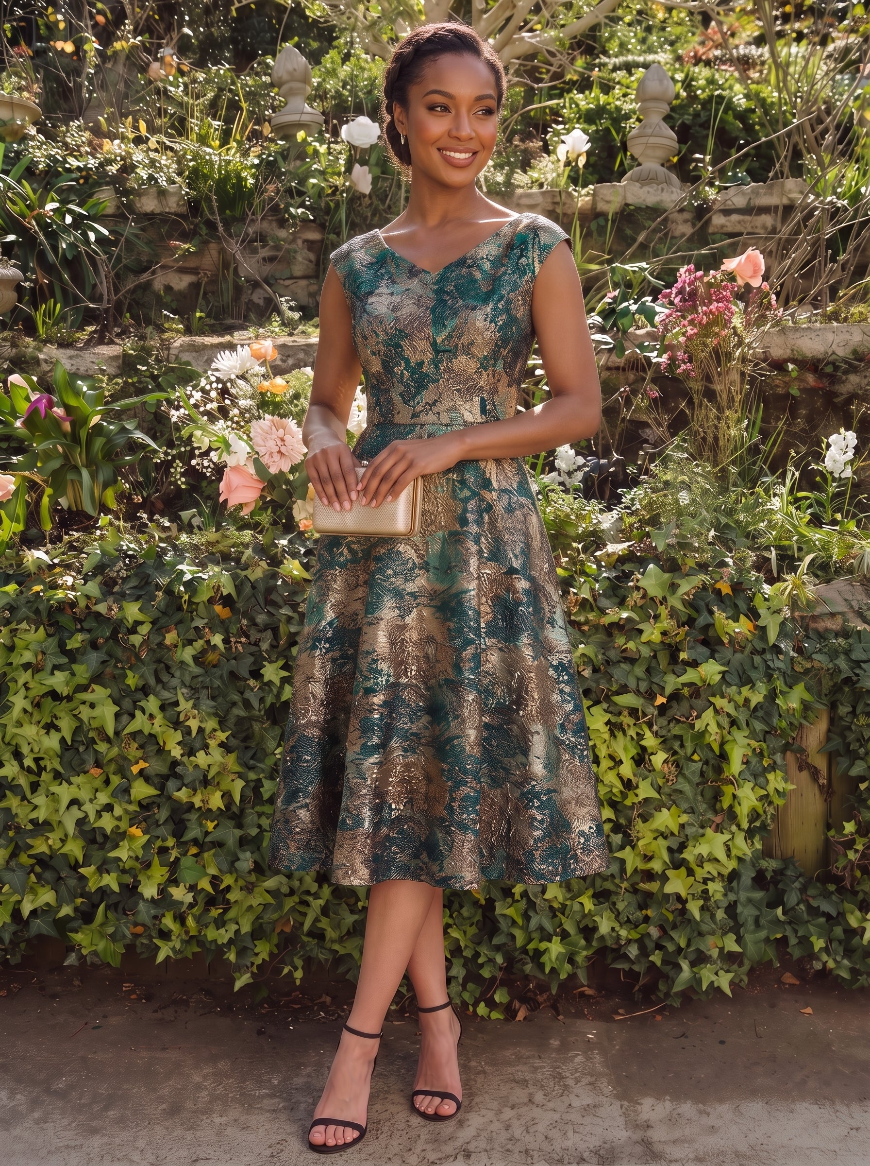 robe midi sans ¨¦lasticit¨¦ ¨¤ manches courtes en V avec fermeture ¨¦clair au dos #Couleur_Vert foncé/Or