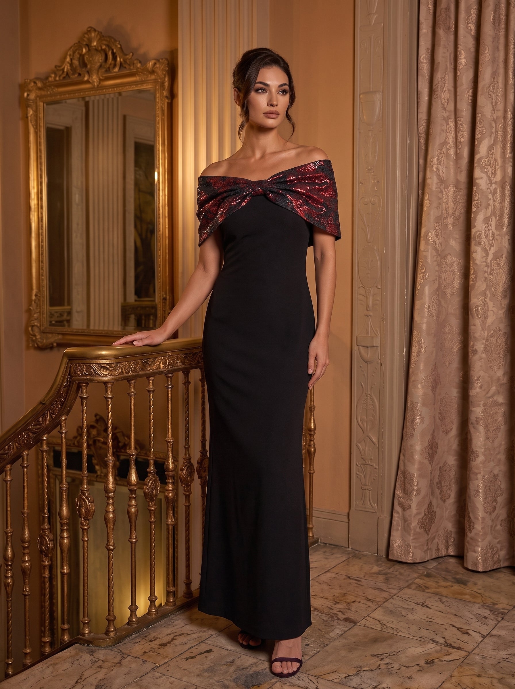 robe maxi bodycon ¨¤ manches courtes et d¨¦collet¨¦ en V #Couleur_Bourgogne/Noir