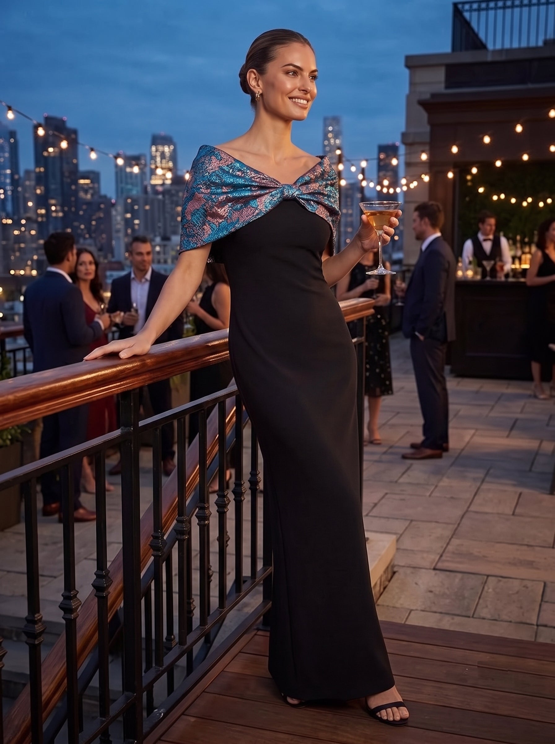 robe maxi bodycon ¨¤ manches courtes et d¨¦collet¨¦ en V #Couleur_Bleu roi/Or