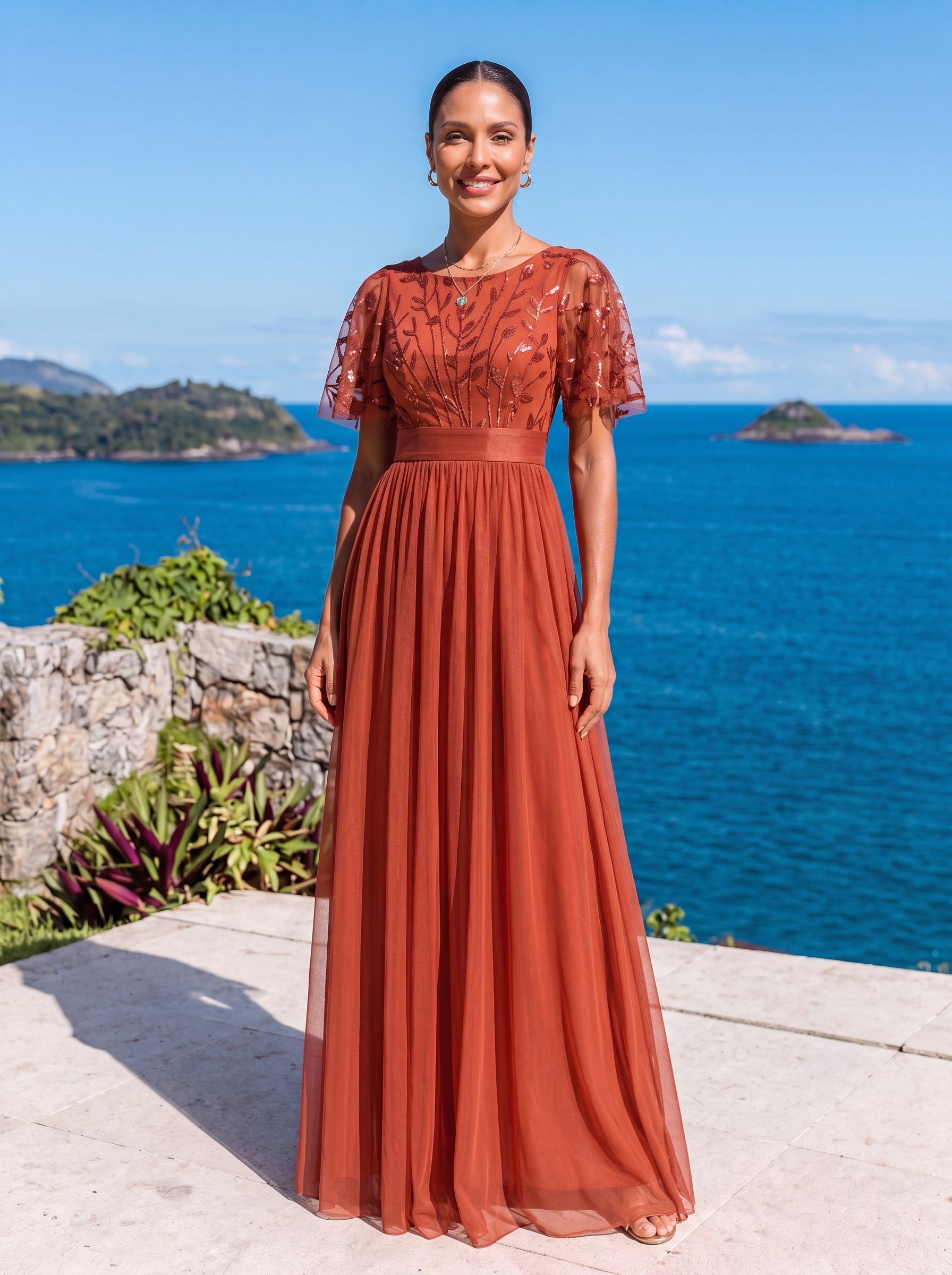 Robes de soirée brodées à manches courtes A-Line pour femmes #Couleur_Burnt Orange