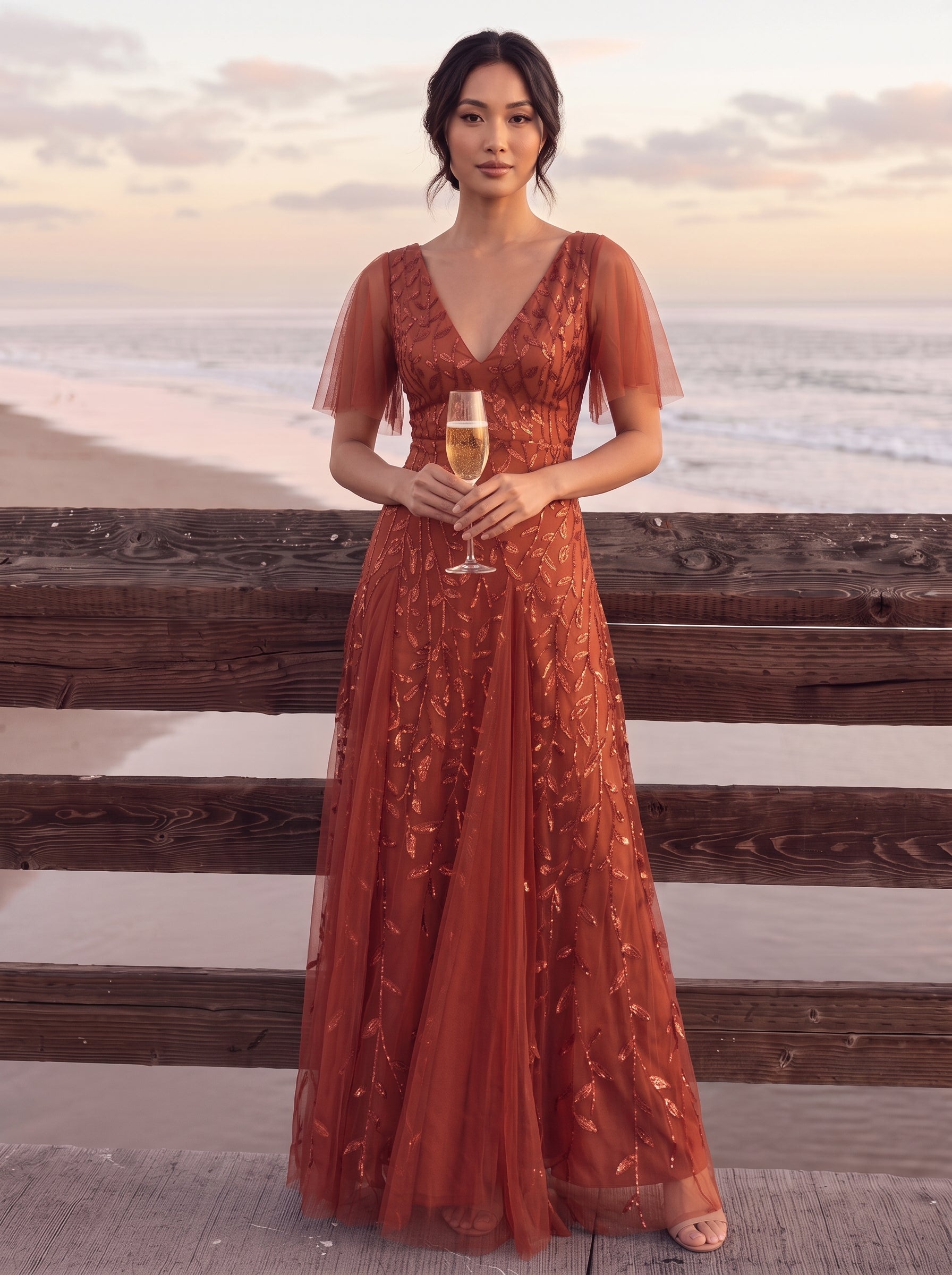 Robe de Soirée Longue Romantique et Scintillante à Col V et Pailletes #Couleur_Burnt Orange
