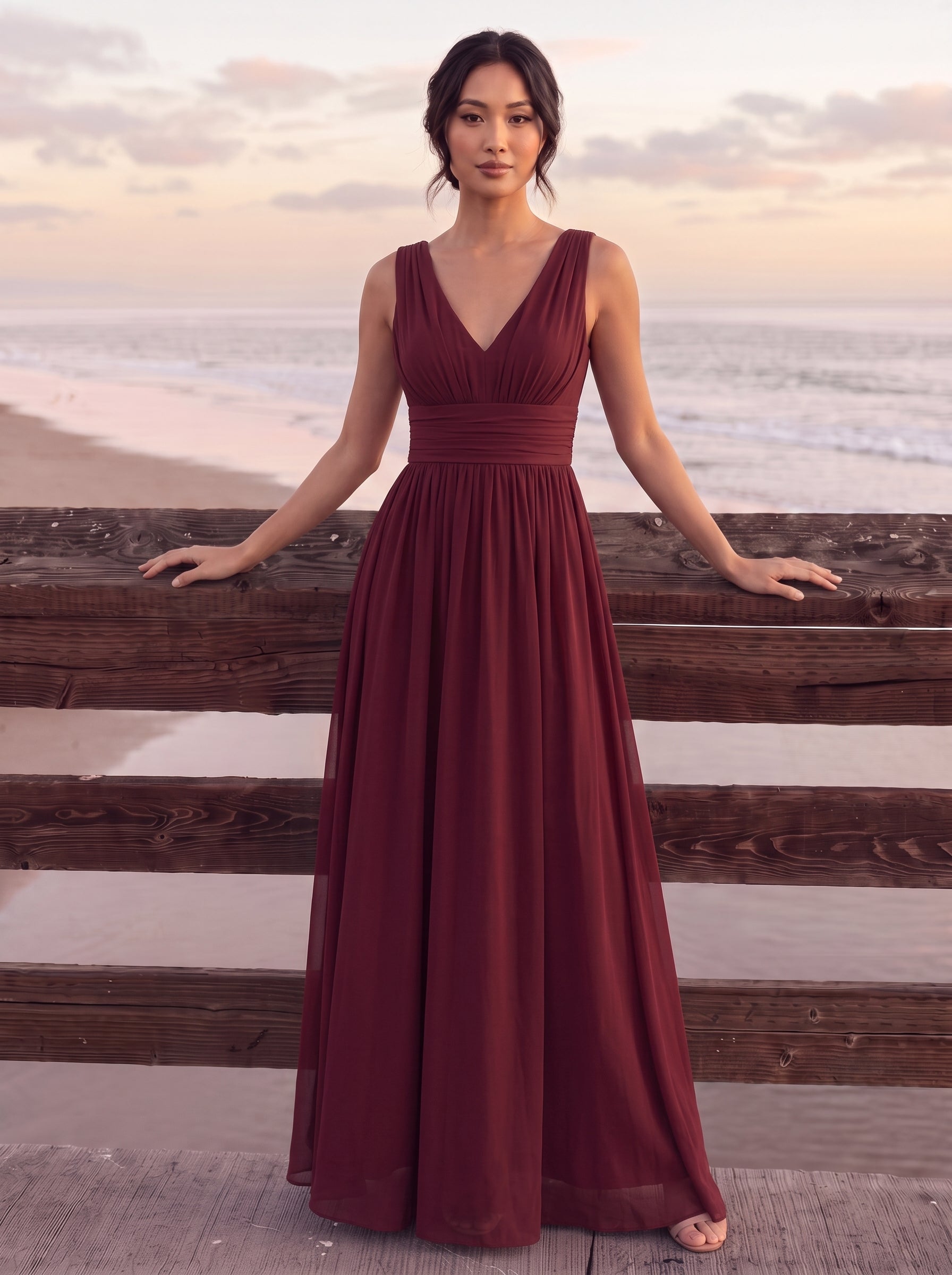 Col V sans manches plissé chiffon robe de soirée #Couleur_Bordeaux