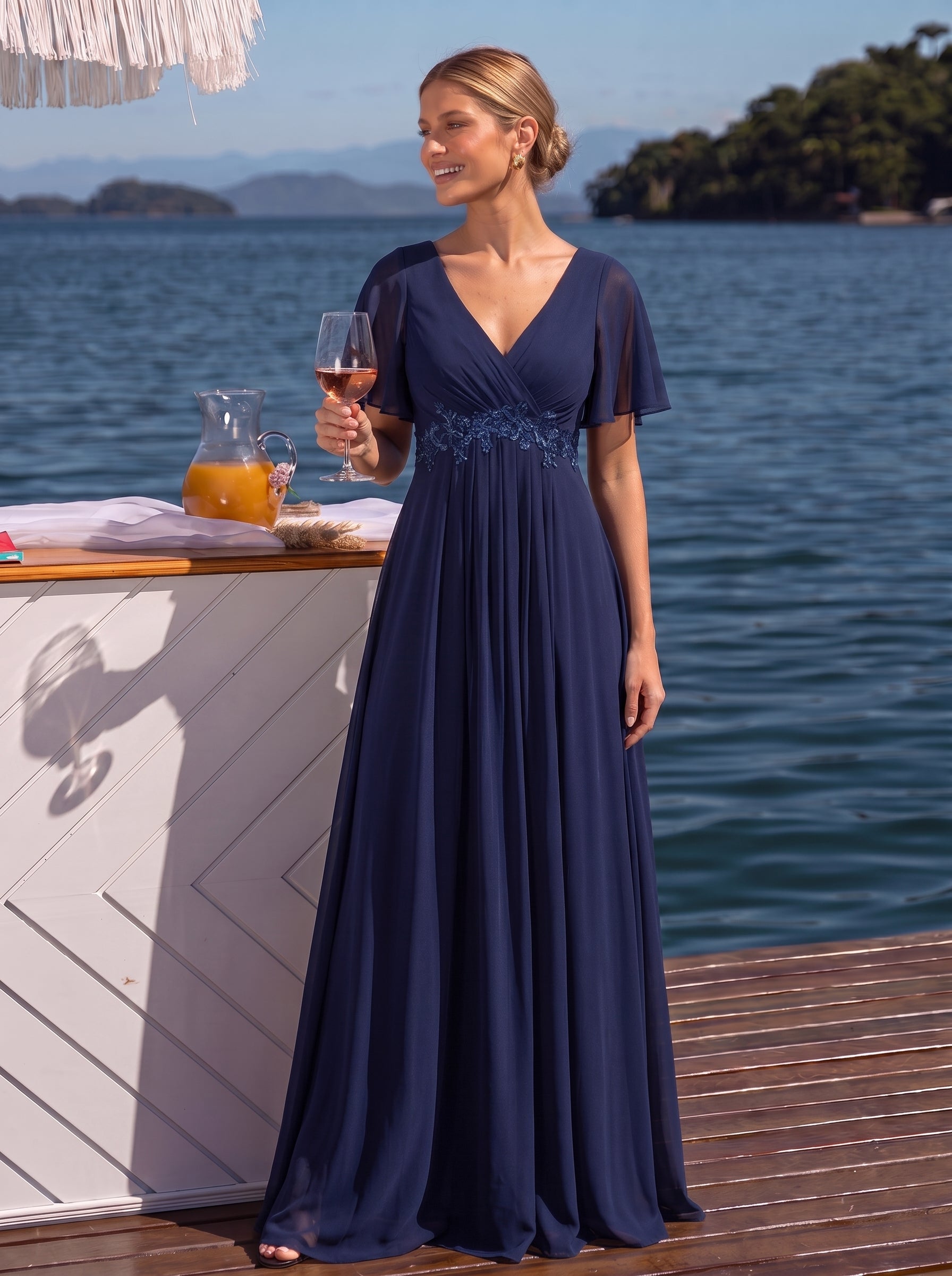Robe de soirée élégante en mousseline de soie avec manches flottantes#Couleur_Bleu Marine