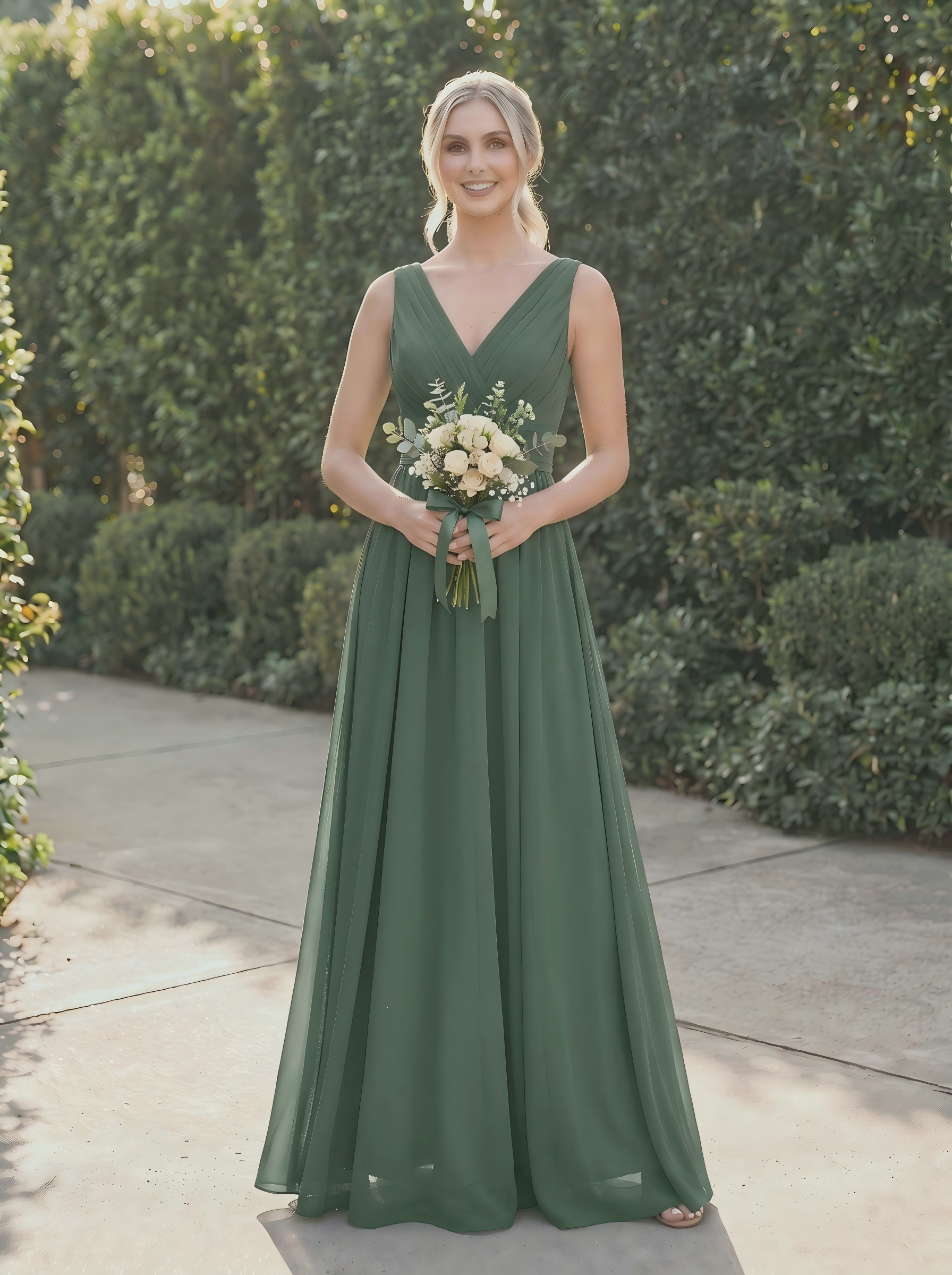 Robe de demoiselle d'honneur en mousseline à col en V #Couleur_Eucalyptus