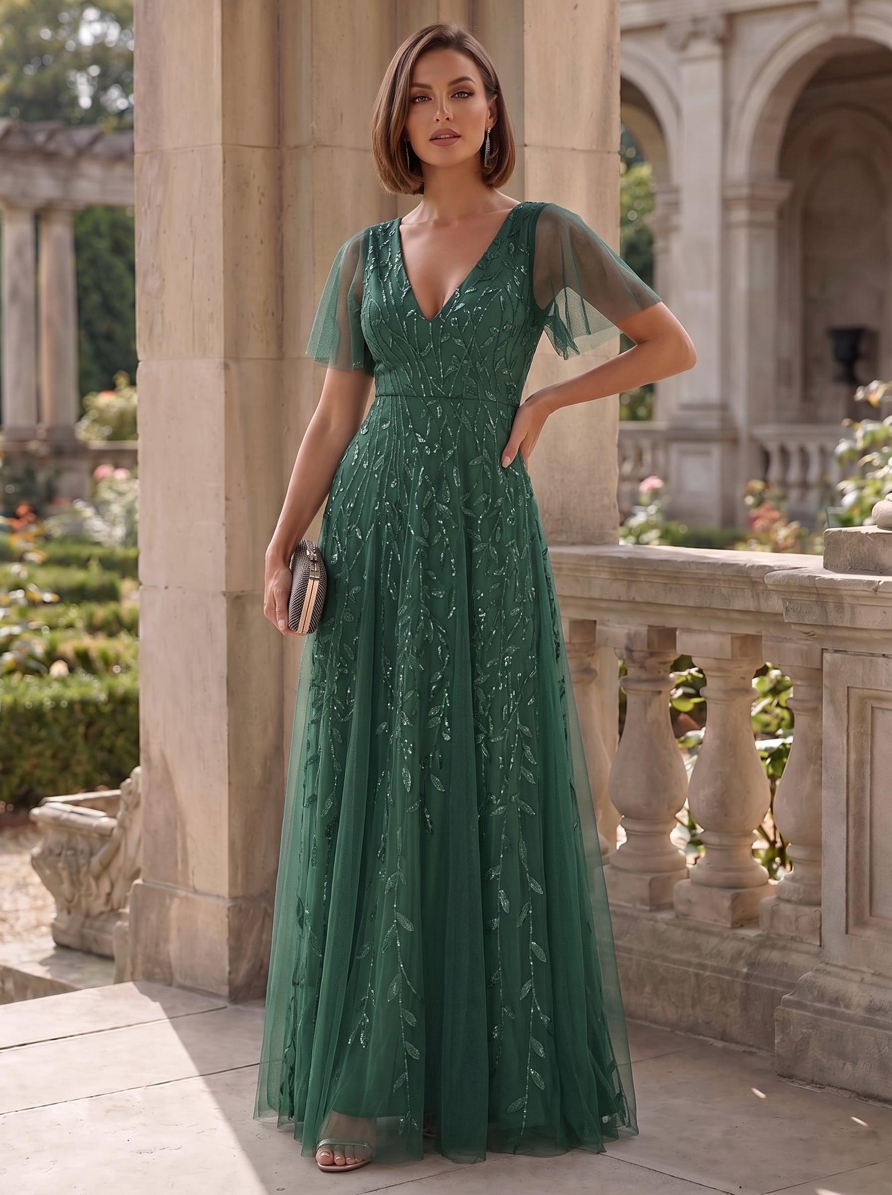 Robe de Soirée Longue Romantique et Scintillante à Col V et Pailletes #Couleur_Eucalyptus