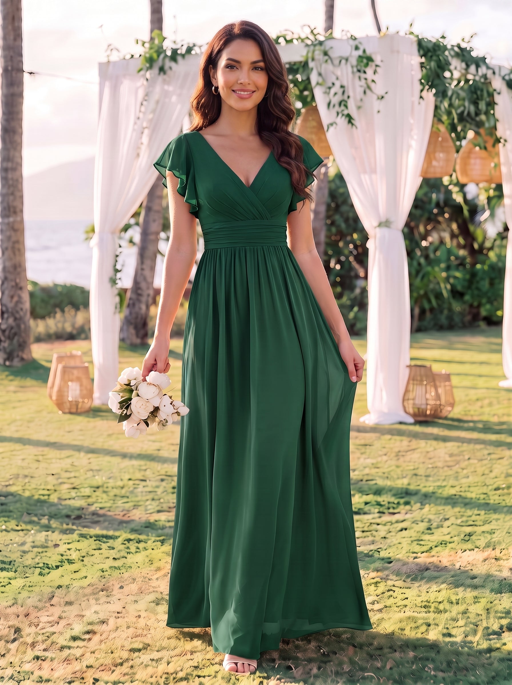 Robe demoiselle d'honneur en mousseline manches plissées avec découpe au dos #Couleur_Vert Fonce