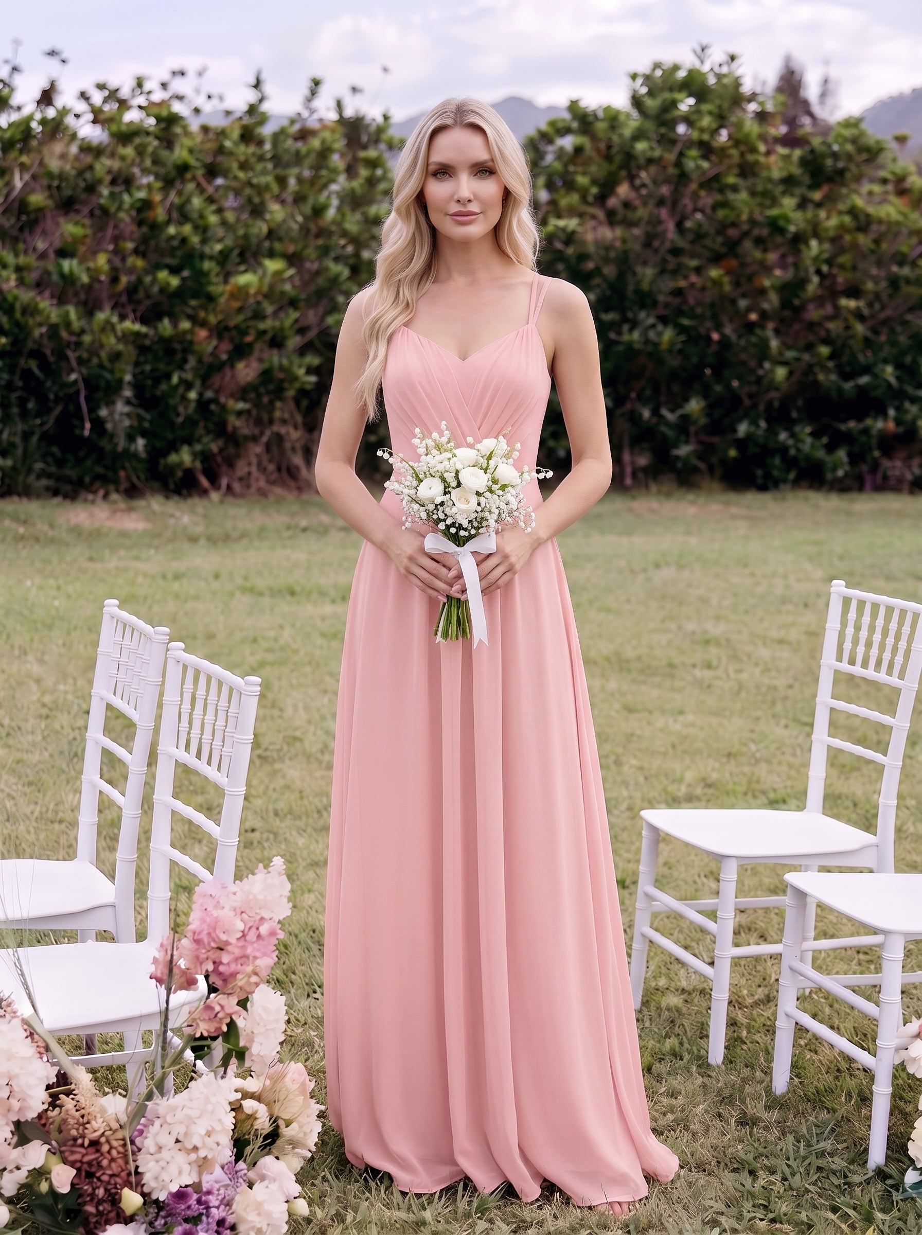 Robe demoiselle d'honneur mousseline et dentelle dos nu bretelles fines #Couleur_Rose