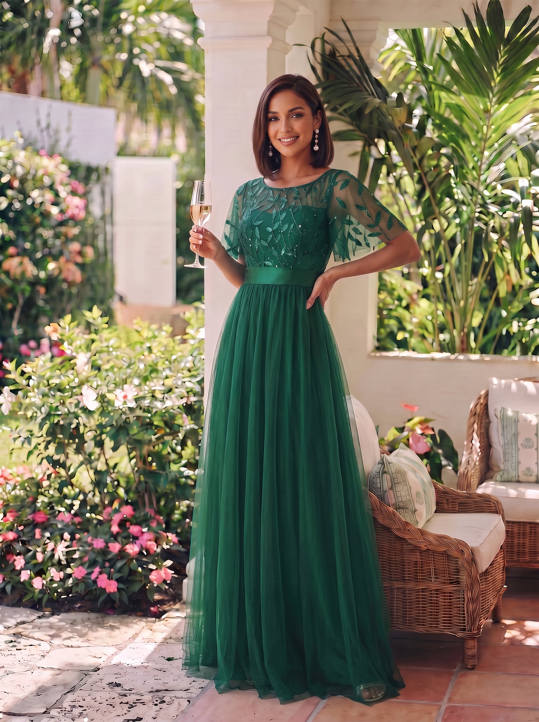 Robes de soirée brodées à manches courtes A-Line pour femmes #Couleur_Vert Fonce