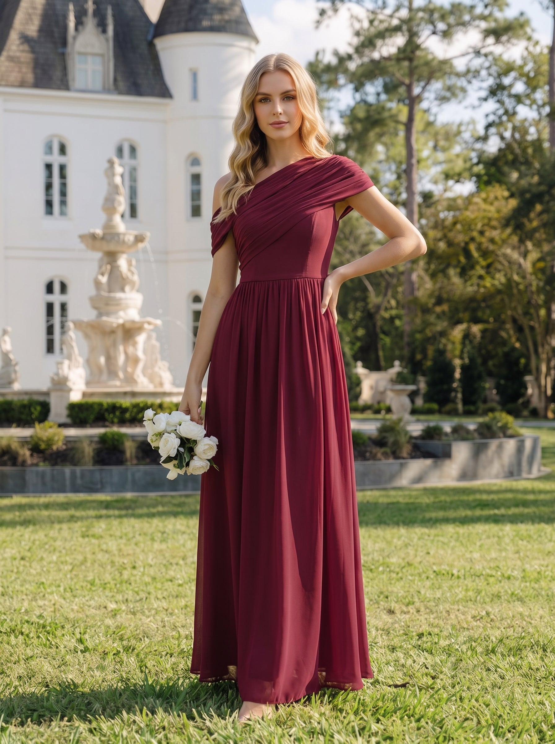 Robe longue asymétrique sans bretelles en A avec détail froncé #Couleur_Bordeaux
