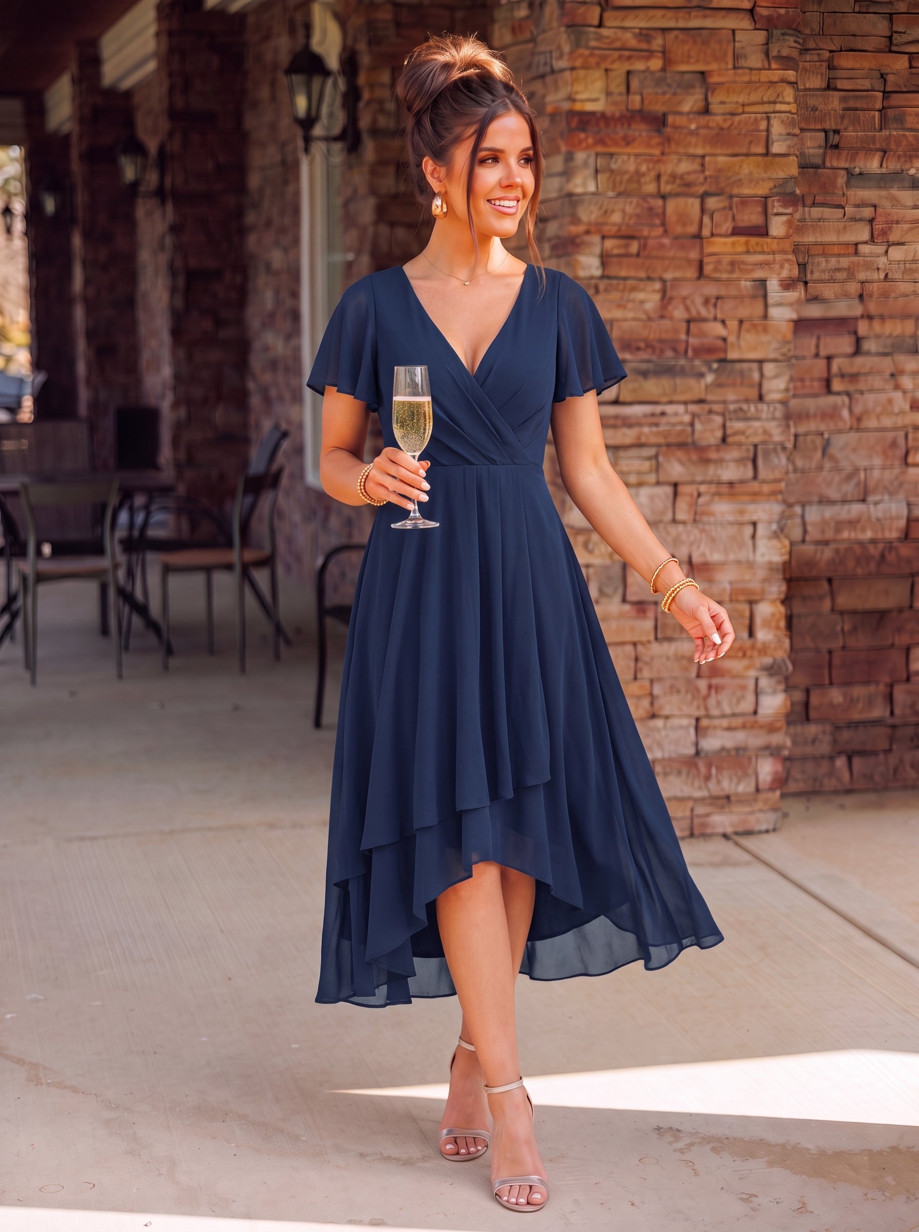Robe D'invité De Mariage En Mousseline De Soie Mi-Longue Plissée à Manches à Volants Et Col En V #Couleur_Bleu Marine