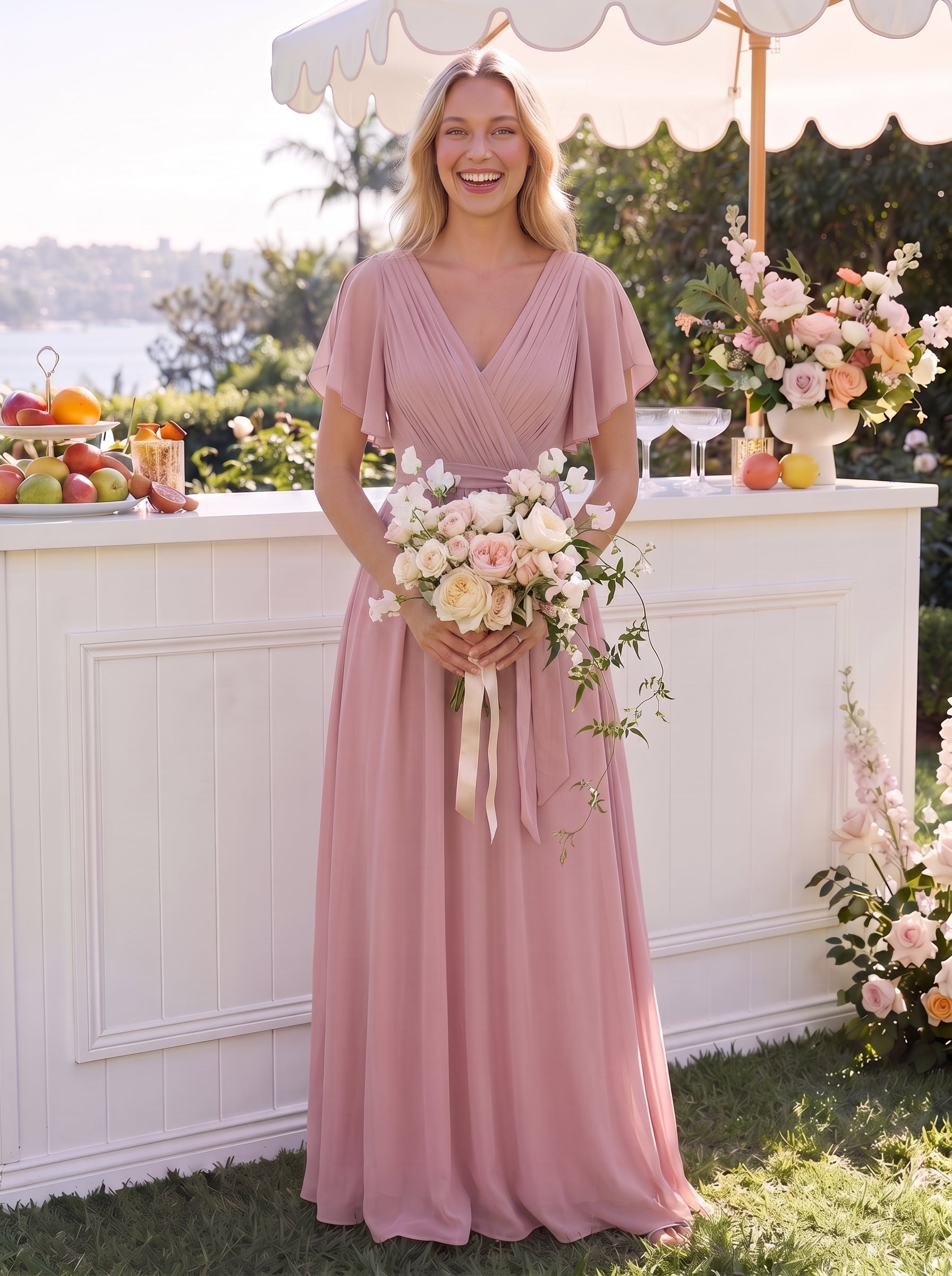 Robe demoiselle d'honneur en mousseline à encolure en V et à manches flottantes #Couleur_Rose fumee