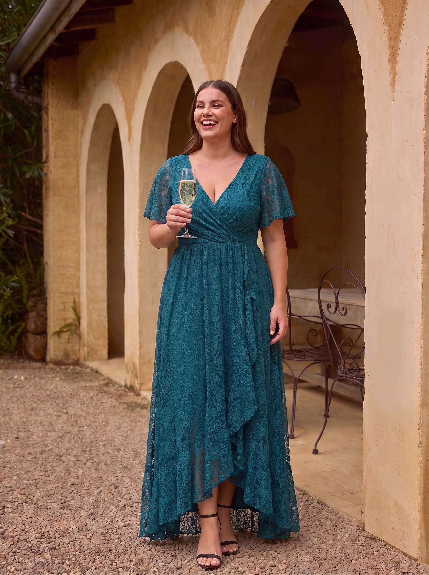 Robe de soirée en dentelle plissée à manches courtes et col en V Grande taille #Couleur_Bleu Sarcelle