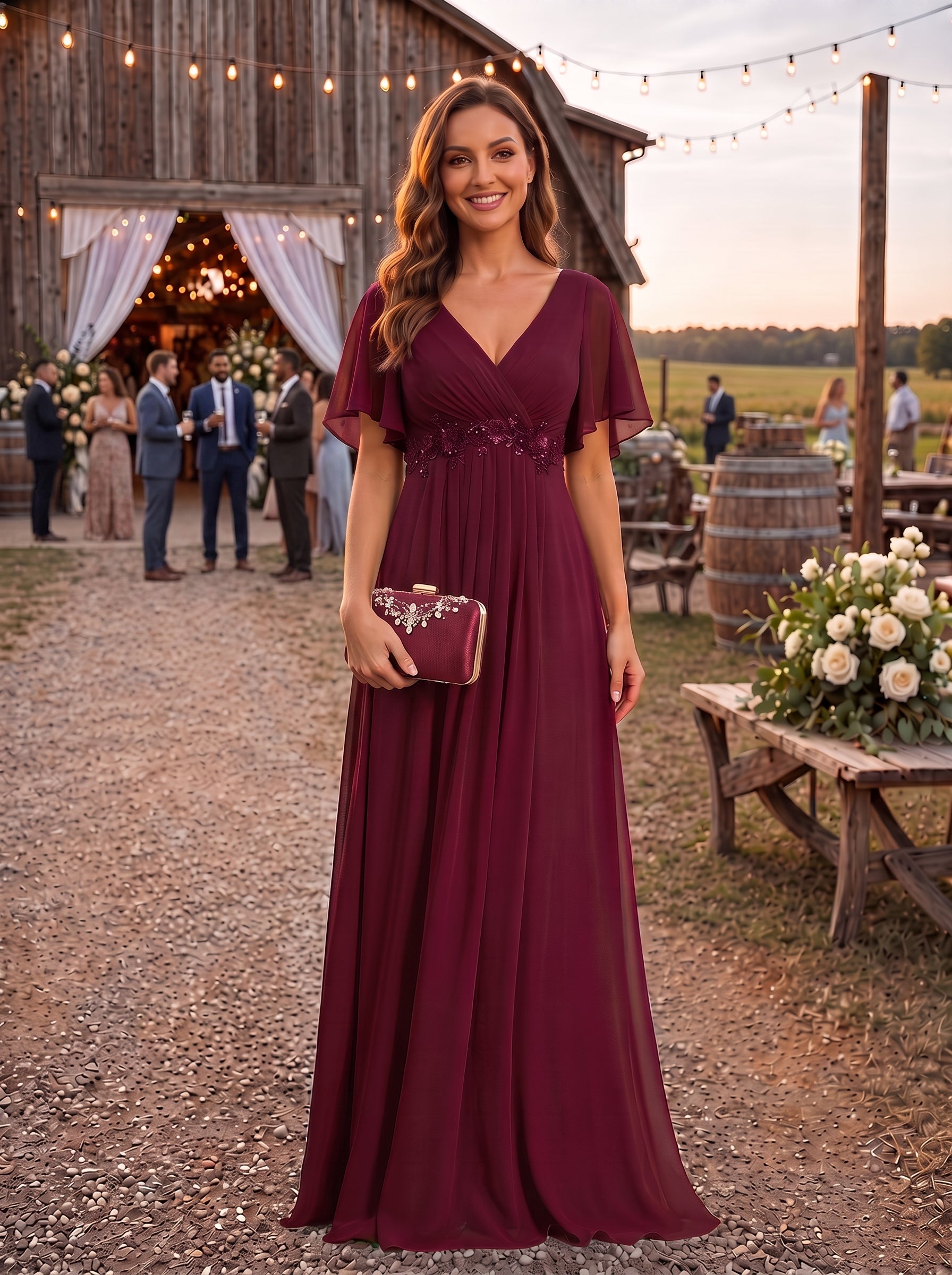 Robe de soirée élégante en mousseline de soie avec manches flottantes#Couleur_Bordeaux