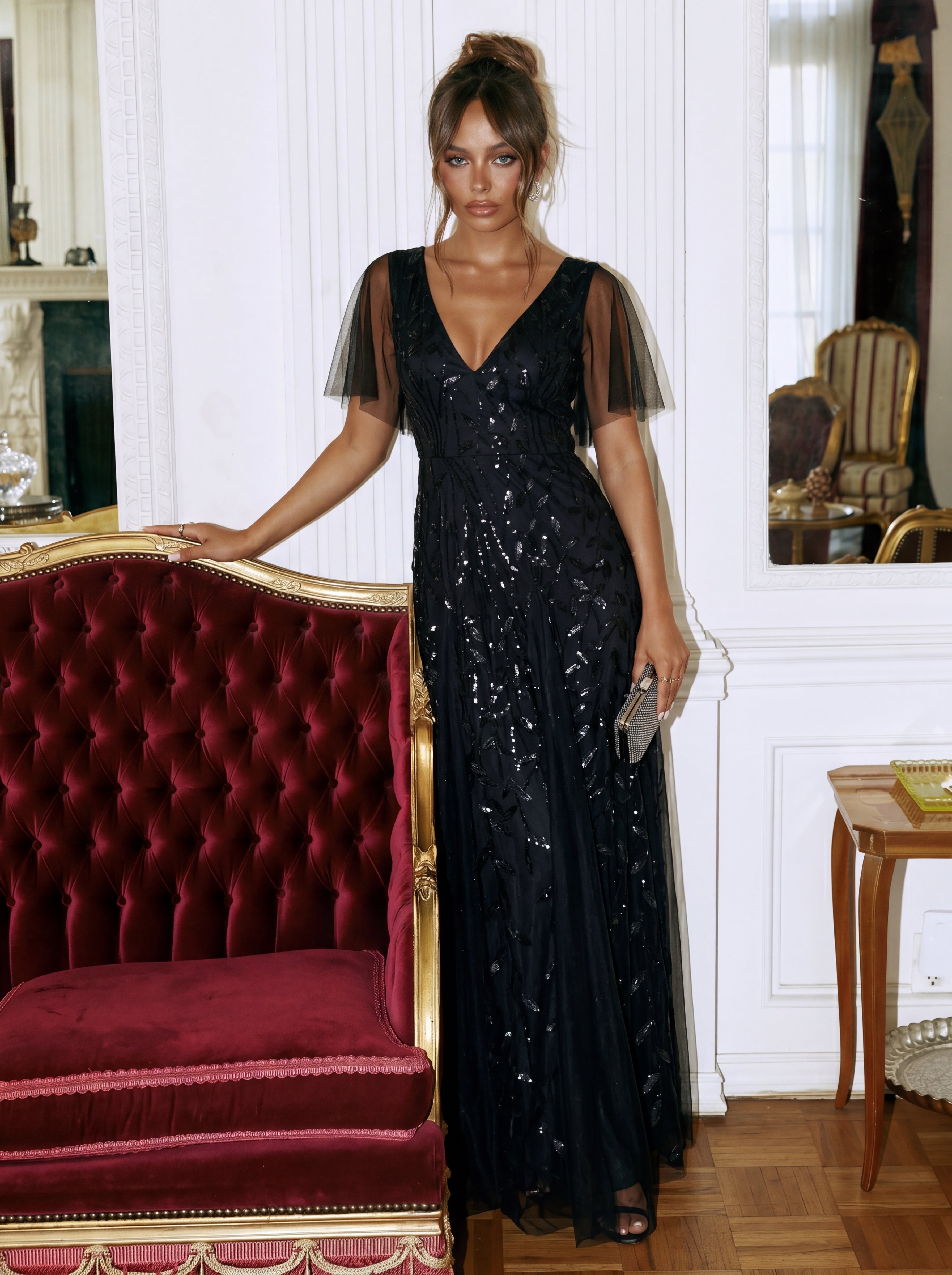 Robe de Soirée Longue Romantique et Scintillante à Col V et Pailletes #Couleur_Noir