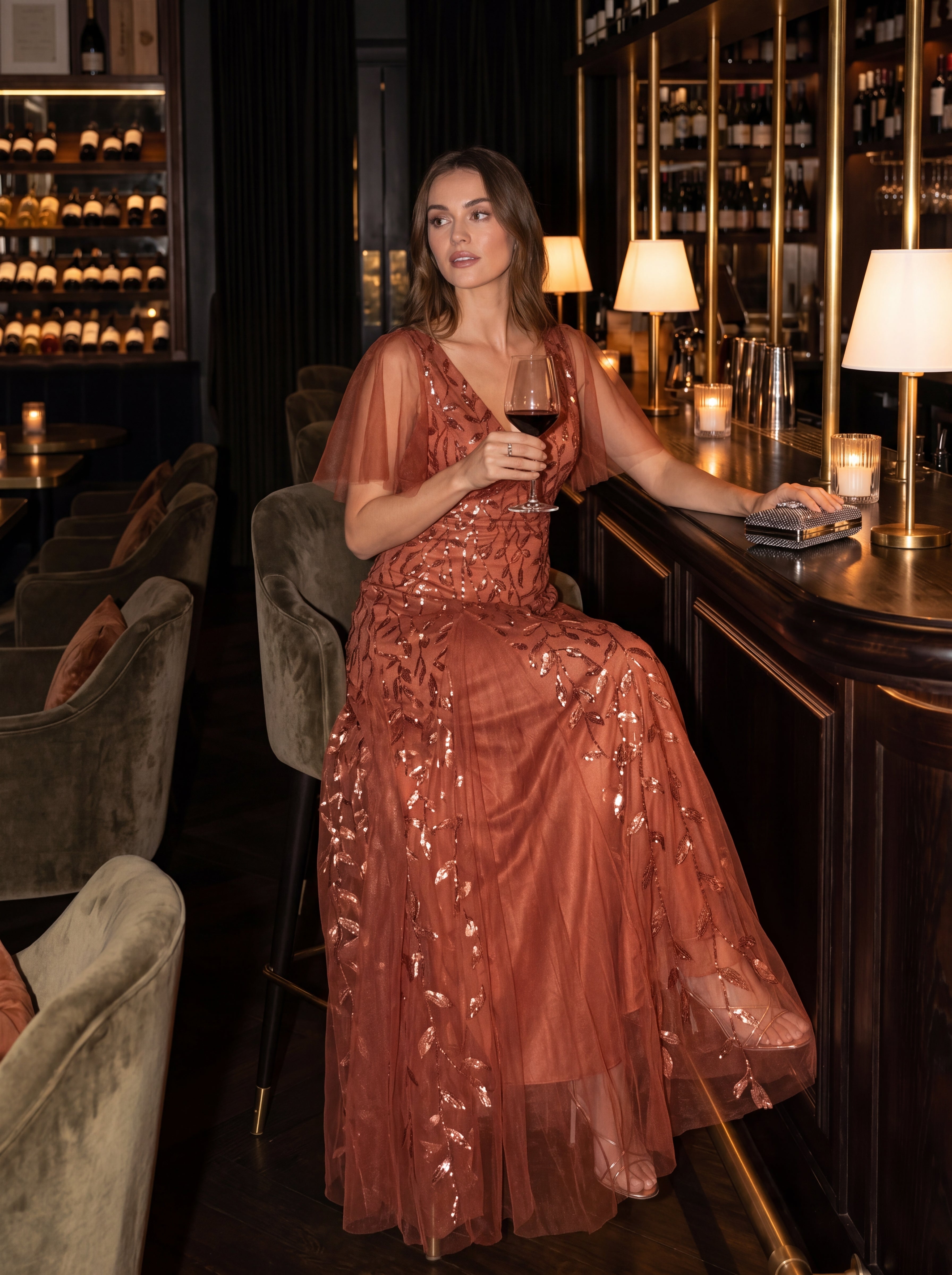 Robe de Soirée Longue Romantique et Scintillante à Col V et Pailletes #Couleur_Burnt Orange