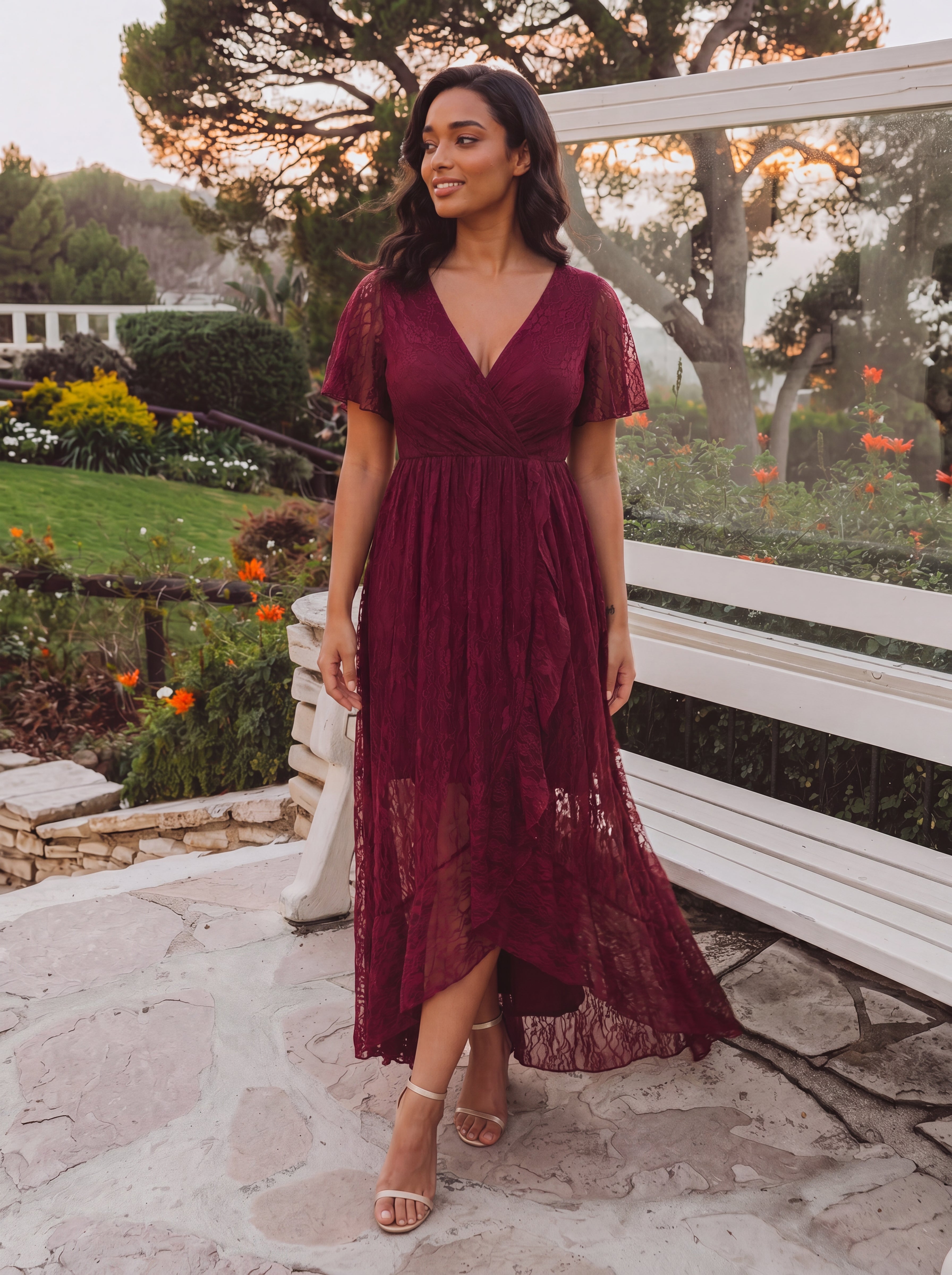 Robe de soirée en dentelle plissée à manches courtes et col en V Grande taille #Couleur_Bordeaux